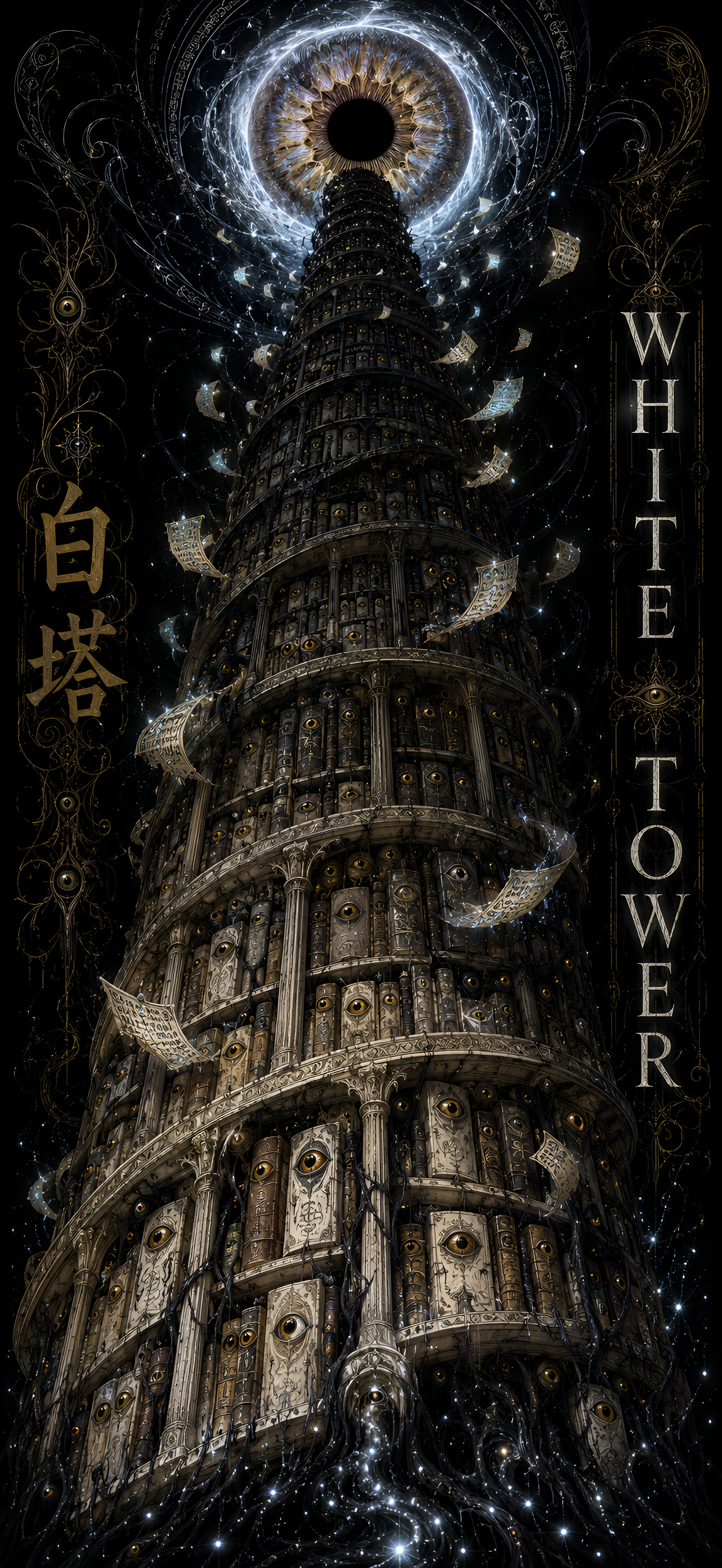 Amoled fan art AI phone wallpaper: towering Gothic White Tower studded with watchful eyes spiraling toward a glowing cosmic iris, dark high-contrast vertical iPhone background.