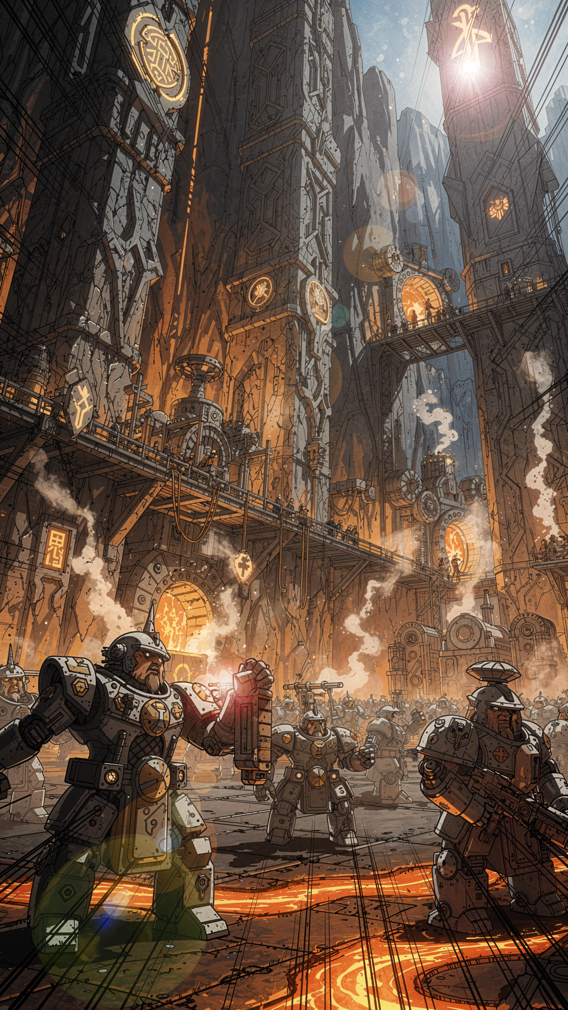iPhone wallpaper: cavernous dwarven hall with towering stone bridges, glowing runes, molten rivers and steam, armored dwarves operating massive forge machinery.