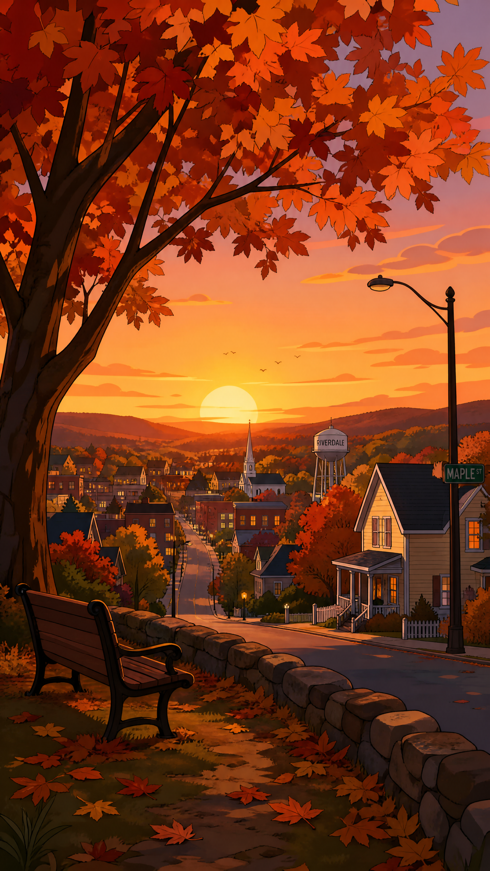 iPhone wallpaper — small-town fall sunset: maple branches and a carpet of leaves frame a bench, stone wall, cozy houses and a glowing church steeple at dusk.