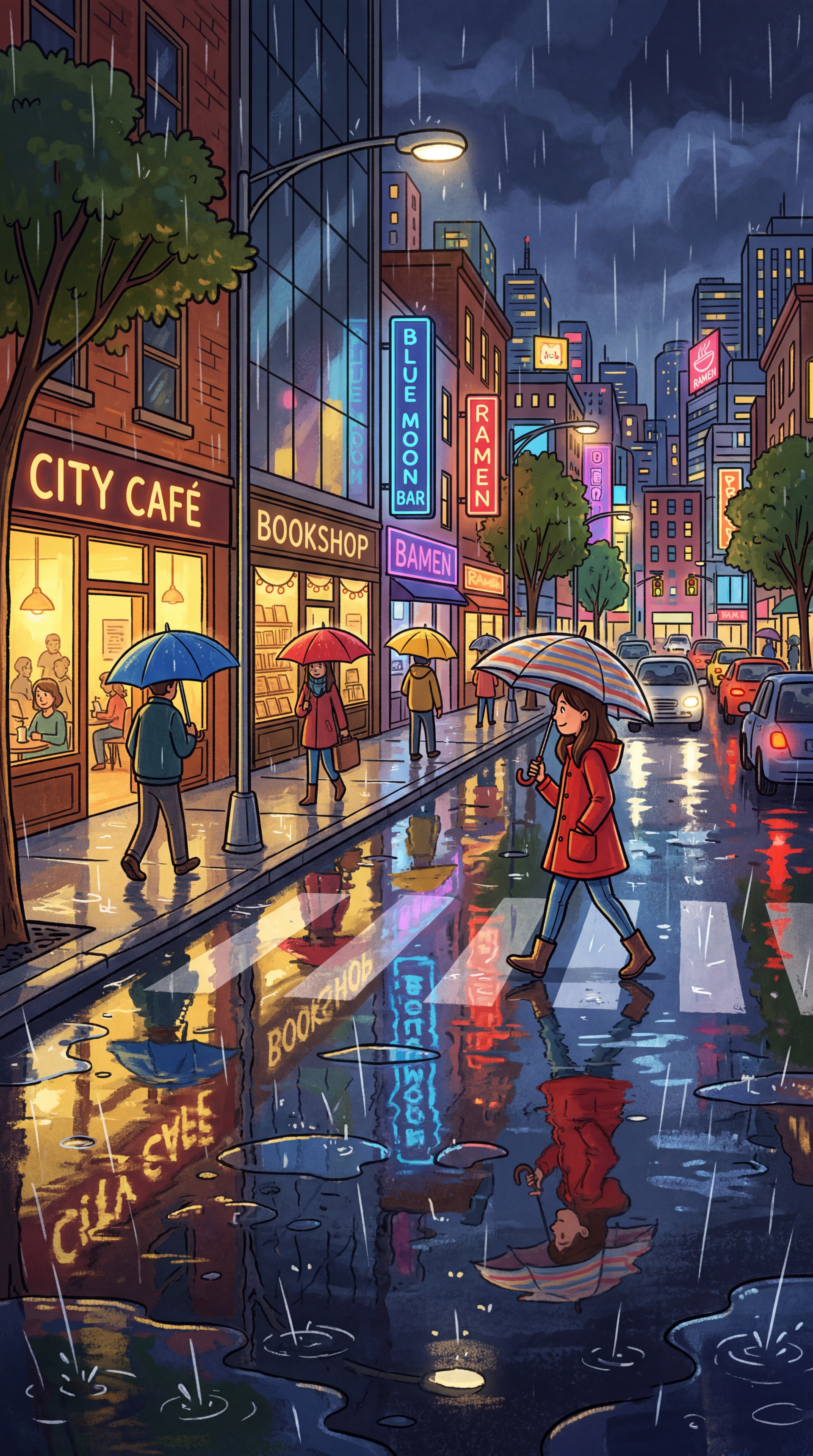 iPhone wallpaper showing a stylized rainy city street at night, people with umbrellas and neon signs, rainy reflections shimmering in puddles on the wet pavement.