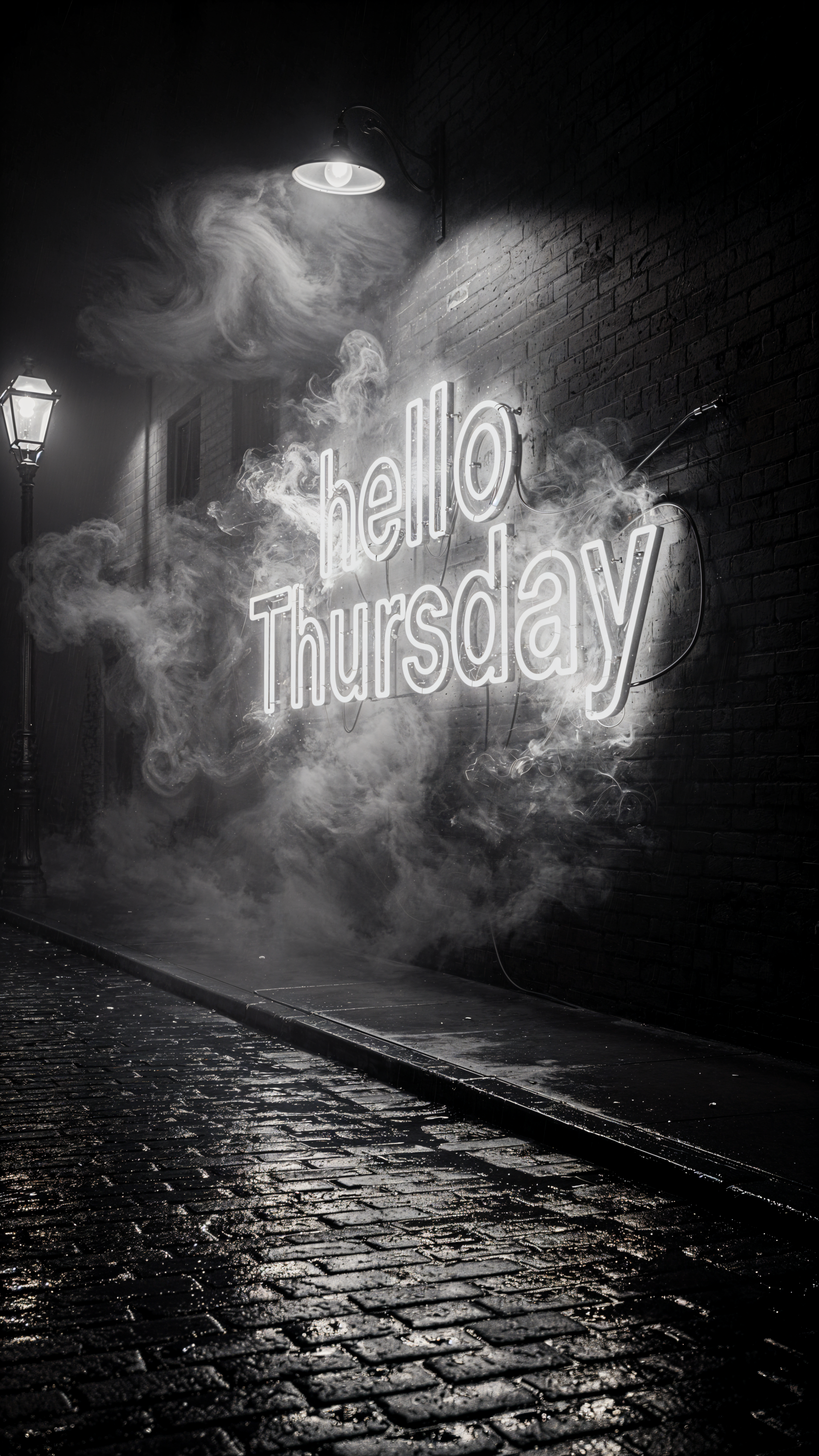 iPhone wallpaper: moody black-and-white alley with a neon hello Thursday sign glowing through swirling smoke above wet cobblestones.