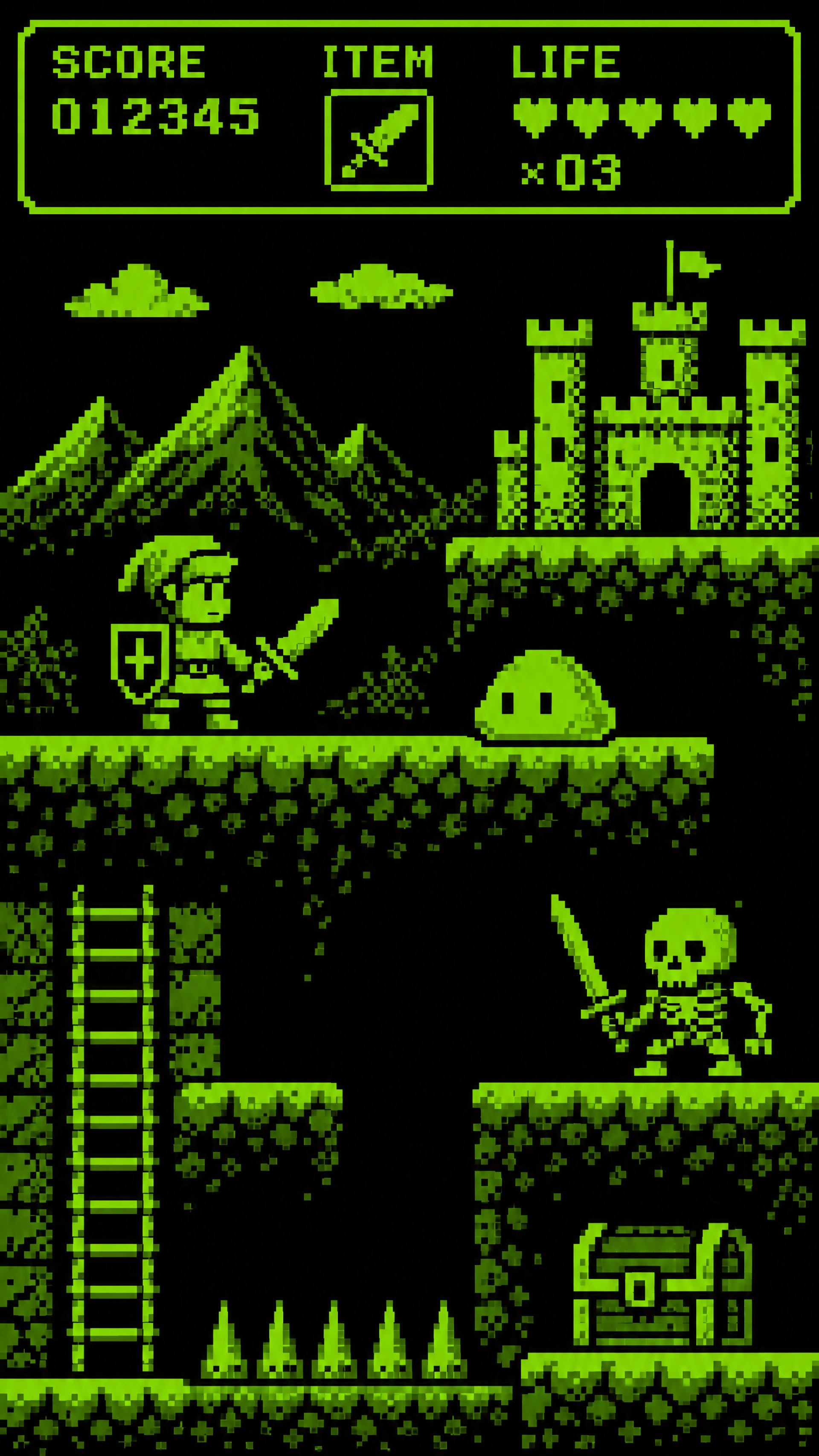 8-bit green iPhone wallpaper: pixel knight with sword and shield faces a slime and skeleton; ladder, spikes, treasure chest, castle and HUD.