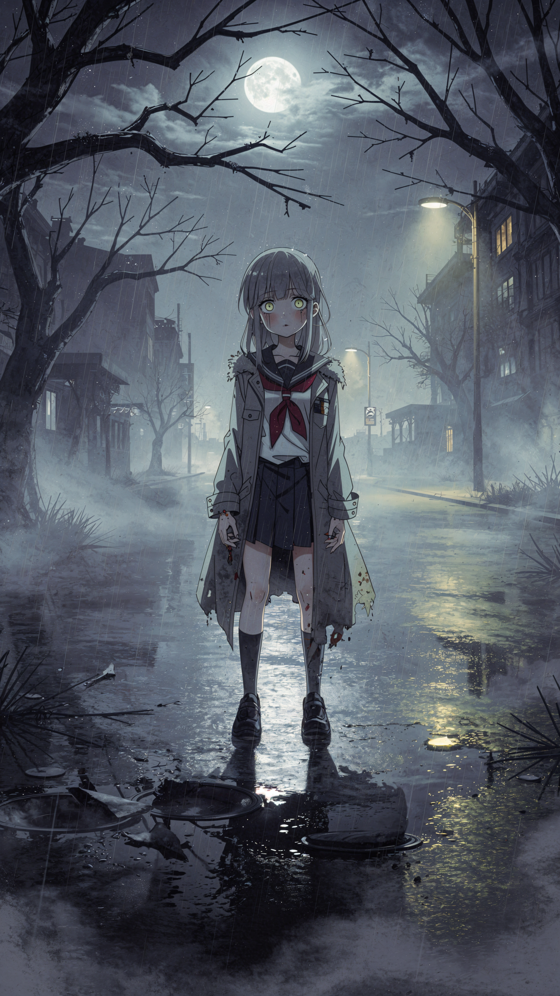 Spooky anime iPhone wallpaper: lone schoolgirl in torn uniform stands on a rain-slick moonlit street, surrounded by bare trees, fog, dim lamplight, and faintly glowing eyes.