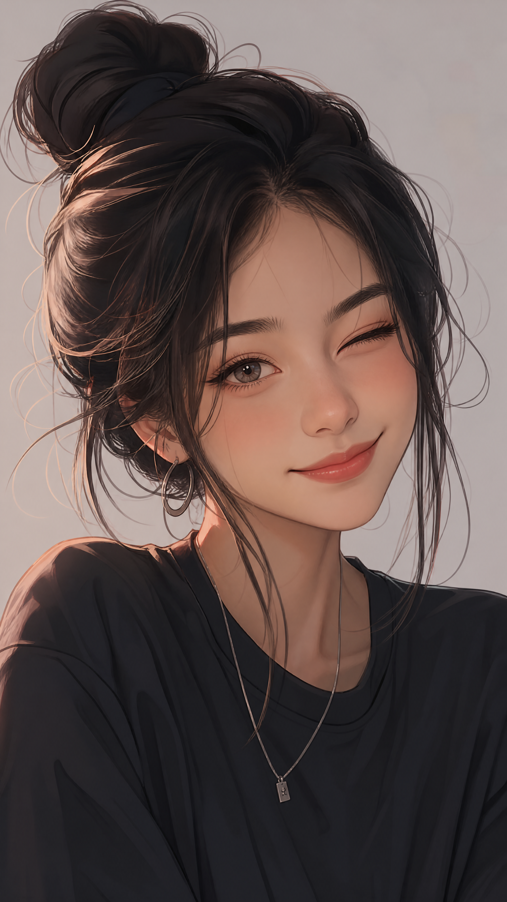 iPhone wallpaper of a winking, anime-style young woman with a messy bun, warm smile, soft lighting, wearing a black top and a small pendant necklace.