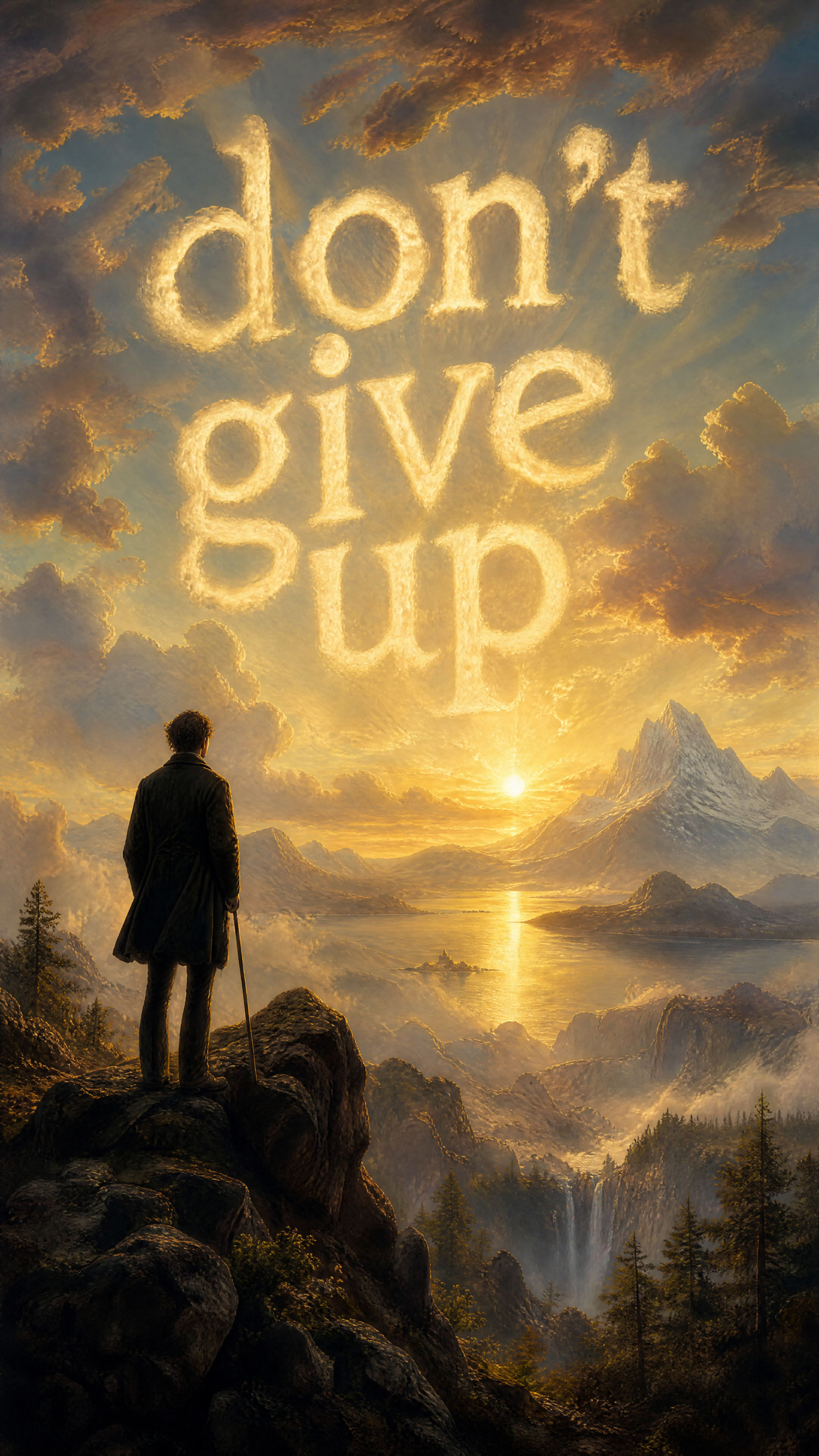 iPhone wallpaper: lone figure stands on a cliff at sunrise, overlooking mountains and lakes as don't give up forms in glowing clouds above.