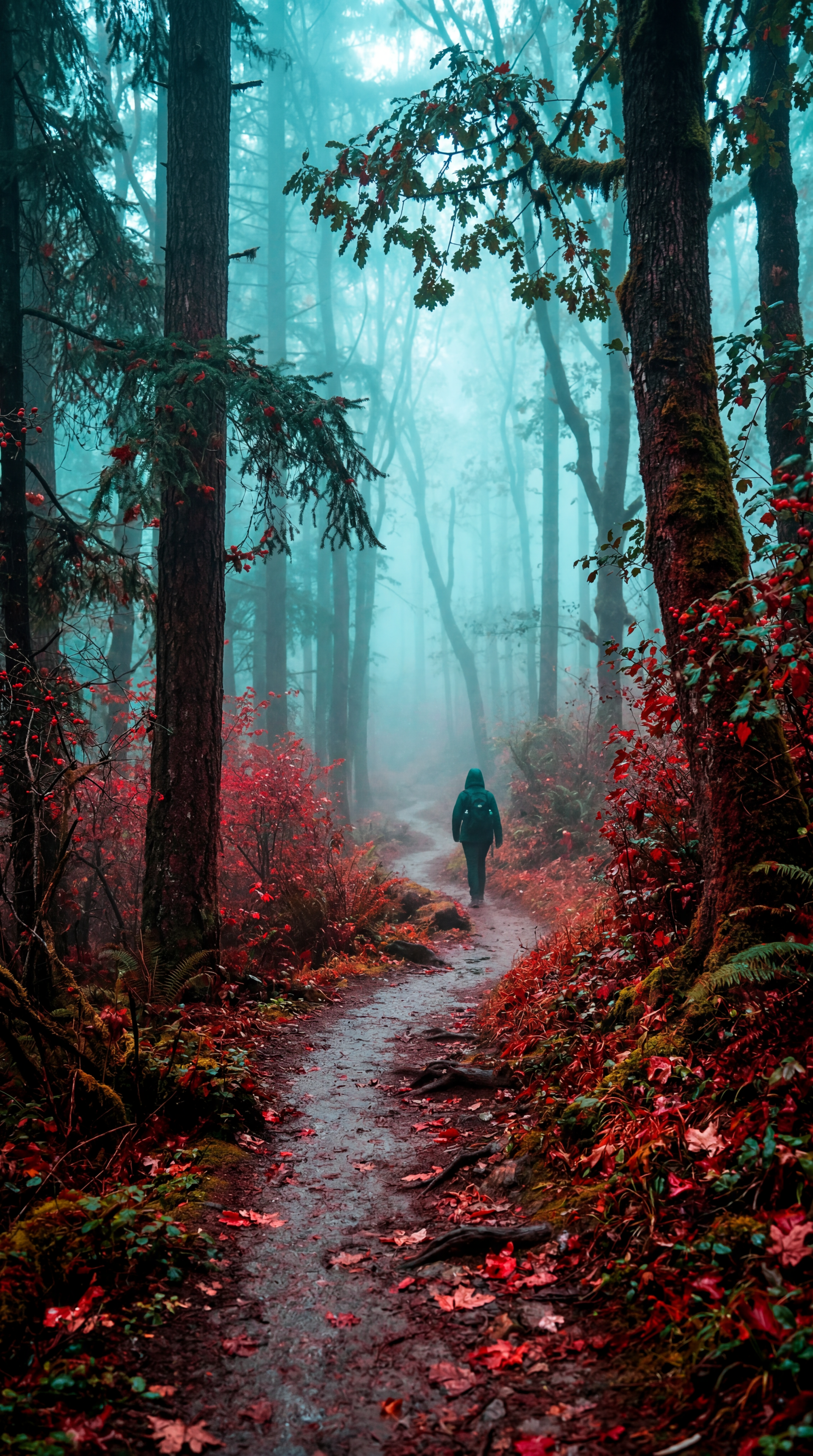 iPhone wallpaper: misty forest trail with a lone figure walking along a winding, leaf-strewn path through teal fog and crimson undergrowth.