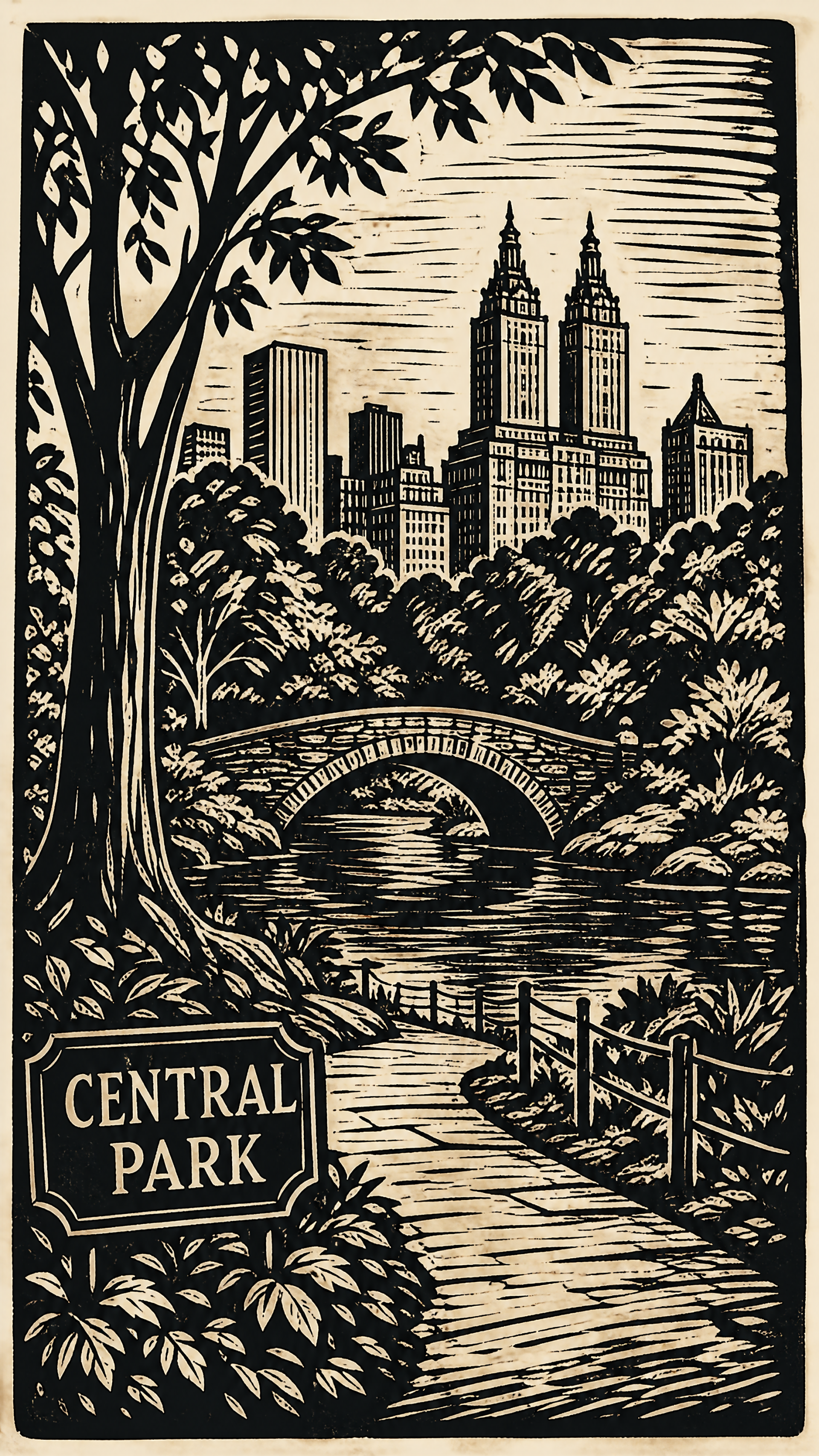 Vertical iPhone wallpaper of a woodcut-style Central Park scene: tree-lined path to an arched bridge over water, city skyline beyond and a vintage Central Park sign.