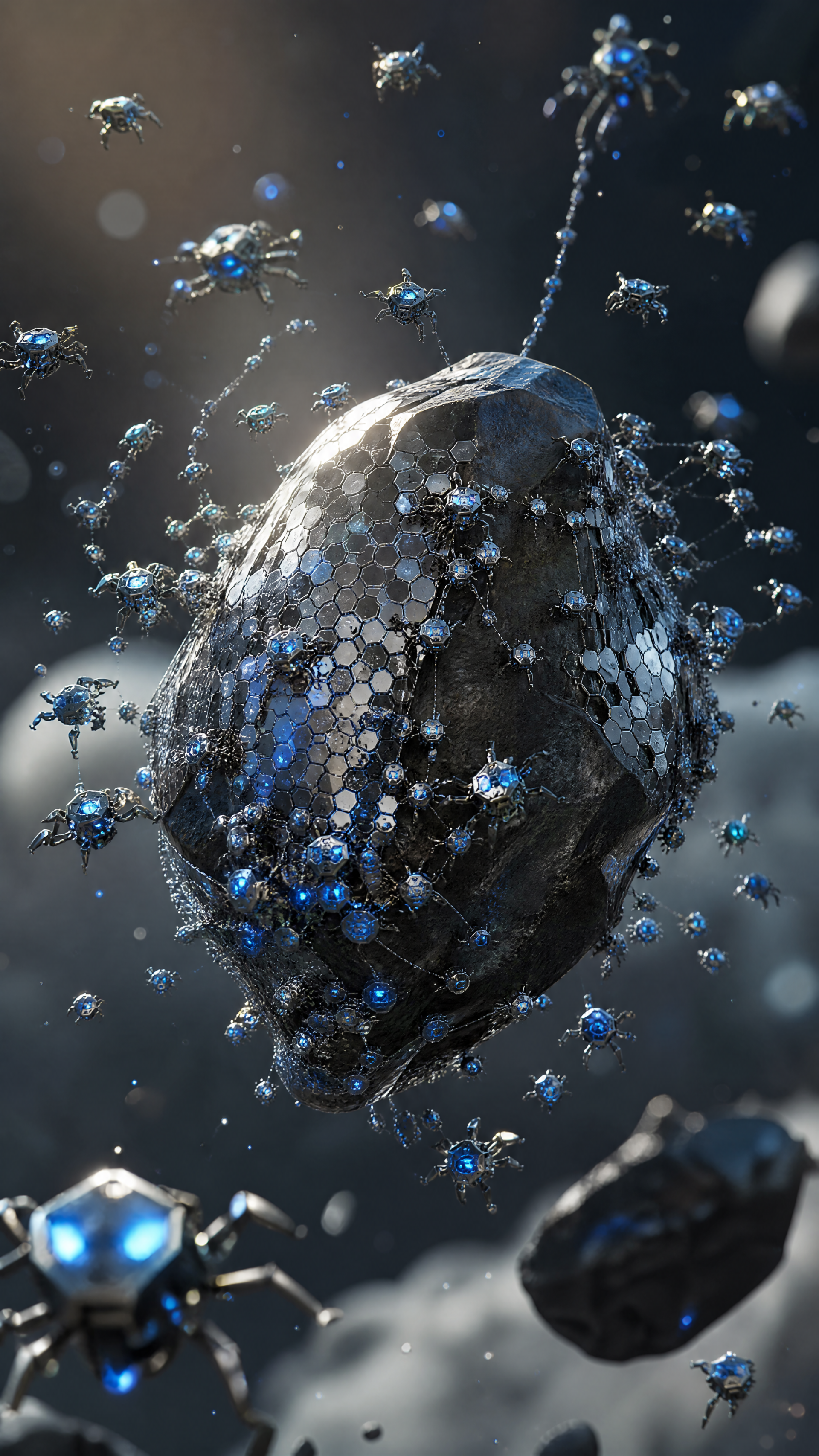 iPhone wallpaper of a nanotech swarm: blue-lit micro-robots swarming a hexagonal-plated metallic asteroid against a dark, depth-of-field space backdrop.