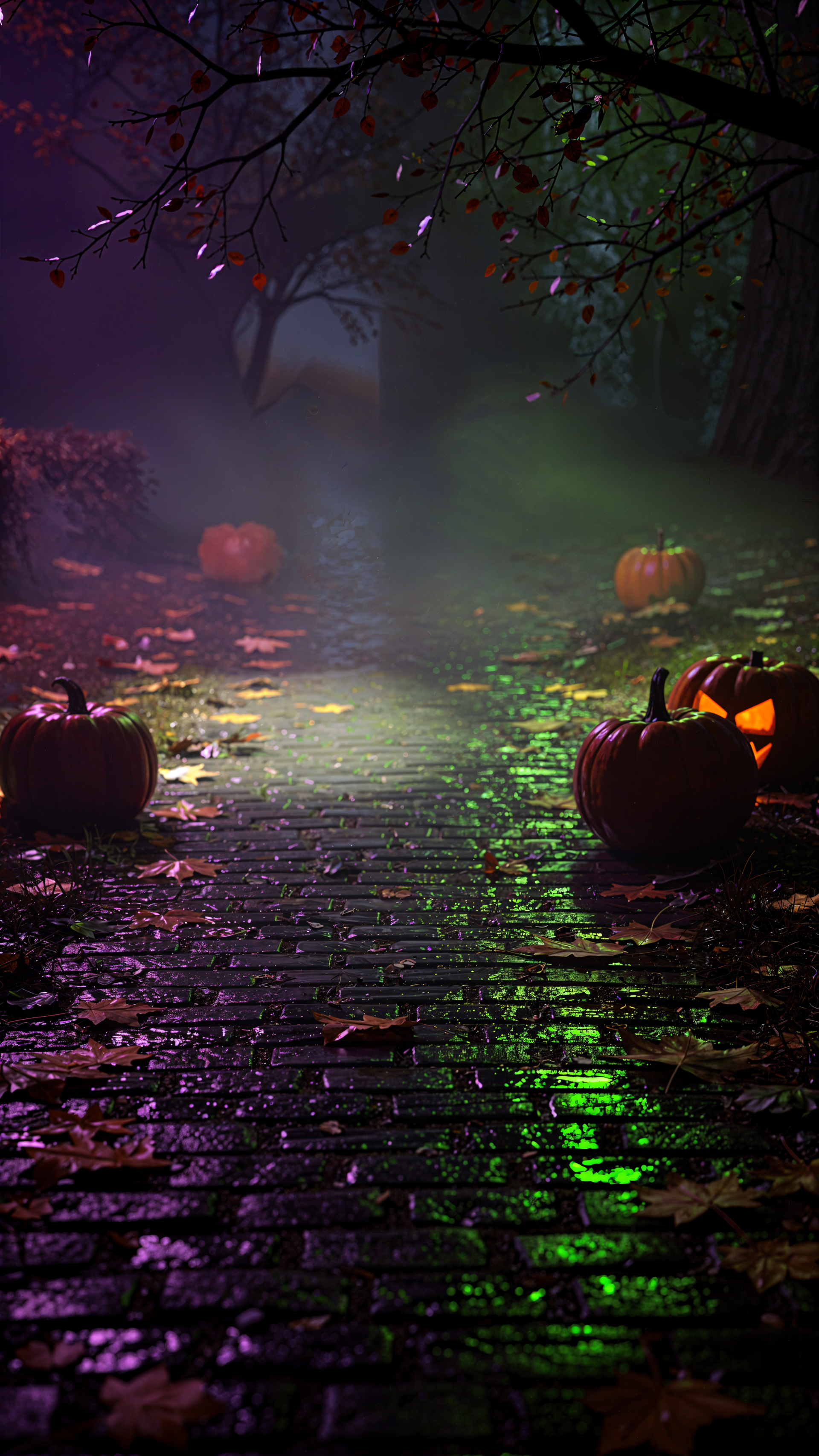 Moody October aesthetic iPhone wallpaper: foggy, leaf-strewn brick path lit in purple-green hues, scattered pumpkins and a glowing jack-o'-lantern.