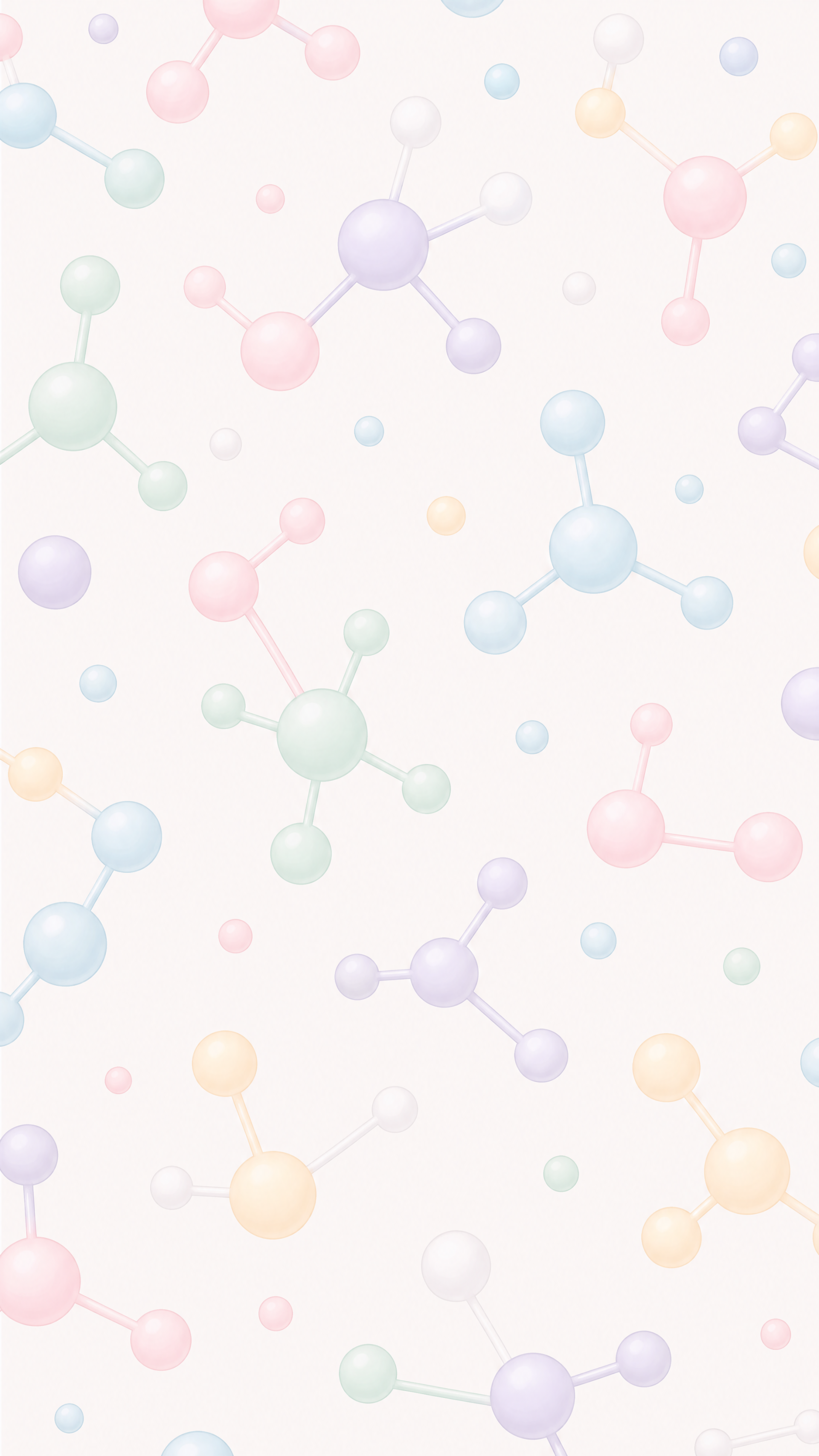 Vertical iPhone wallpaper with a soft pastel molecular pattern of connected spheres and bonds in pink, blue, green and lavender on a pale background.