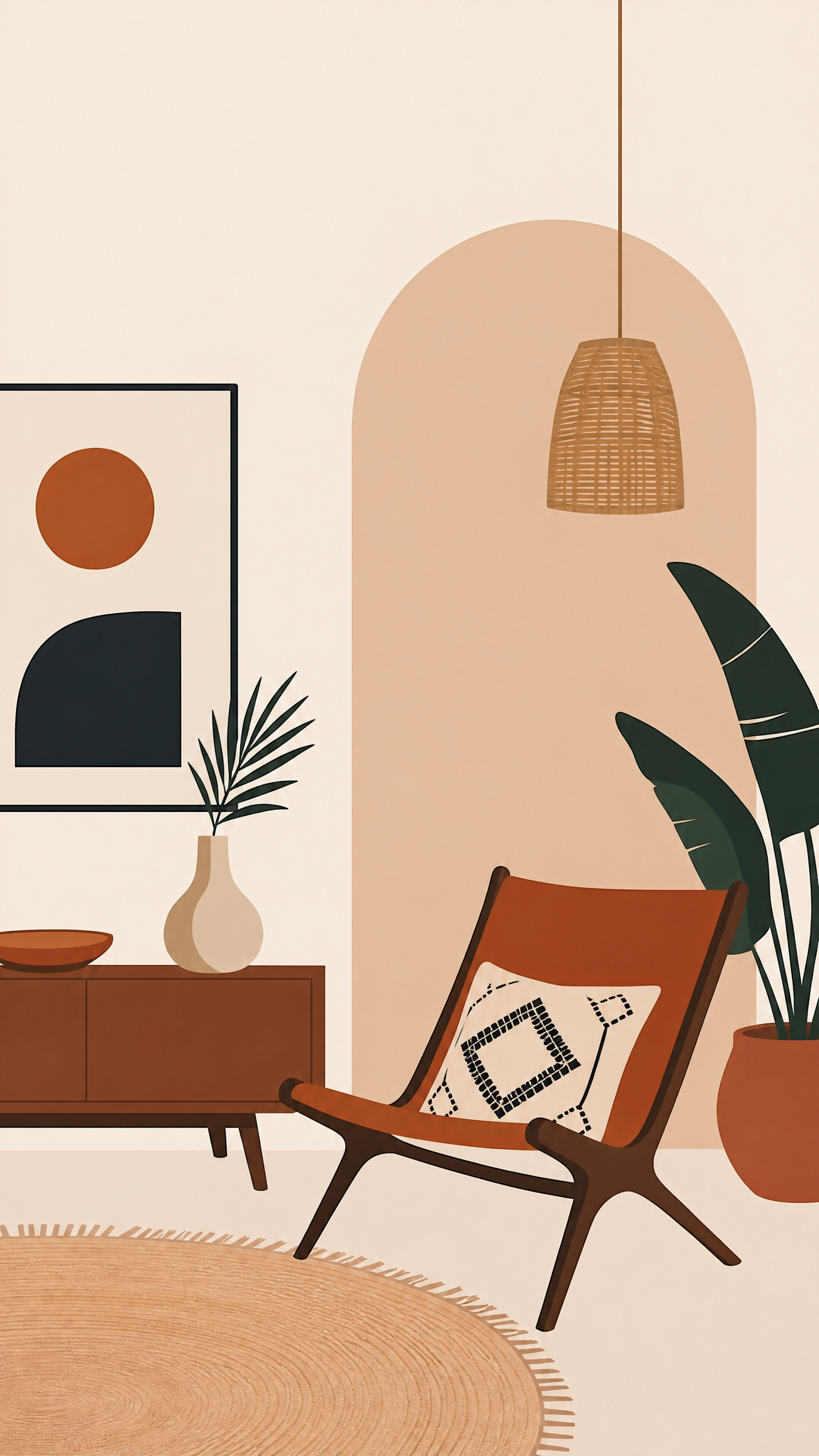 Boho interior iPhone wallpaper showing a warm living corner: leather lounge chair with patterned cushion, rattan pendant, potted plant, low console, abstract wall art and round woven rug.