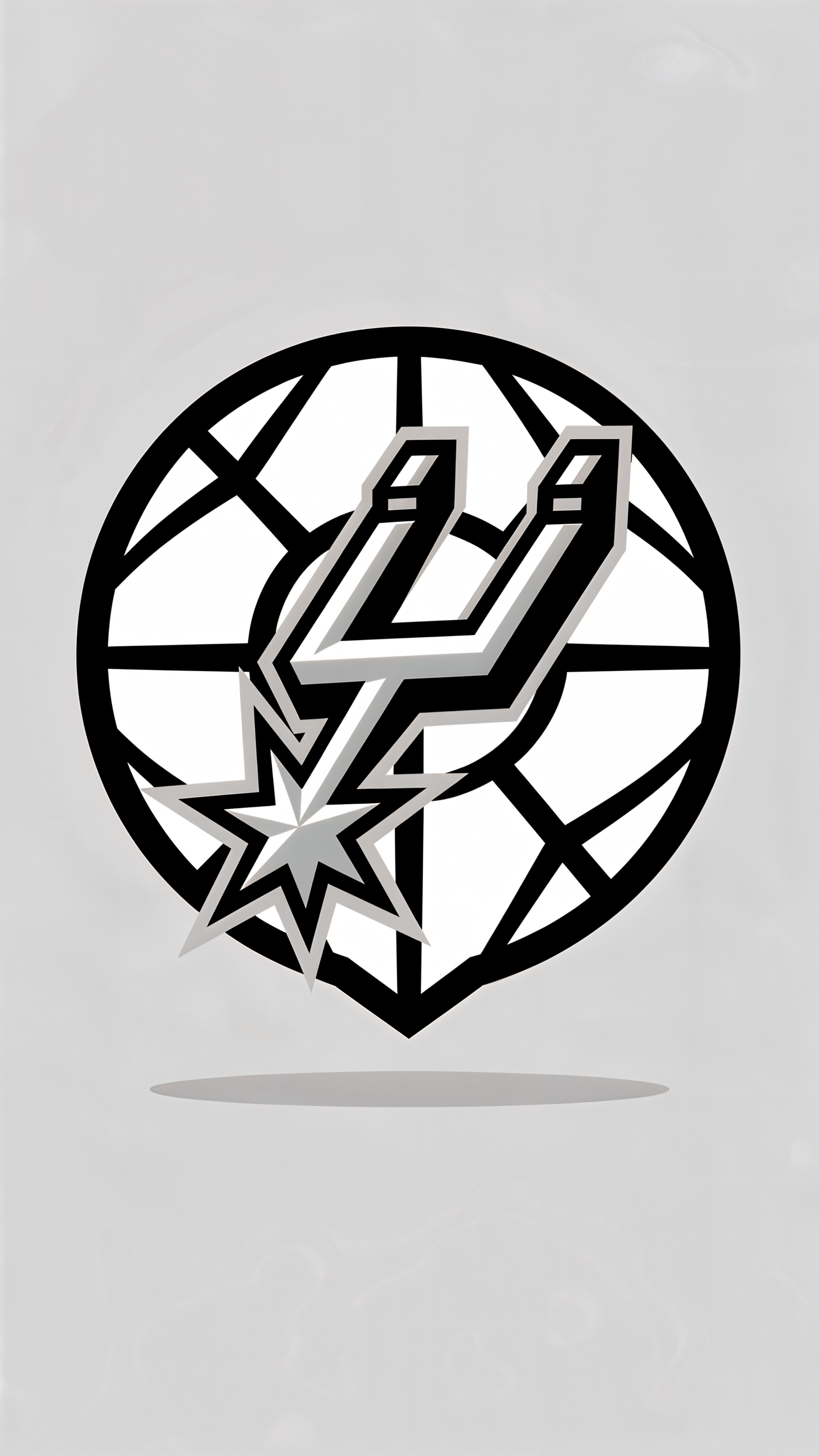 iPhone wallpaper showing a grayscale San Antonio Spurs logo layered over a stylized basketball with a subtle shadow on a light gray background
