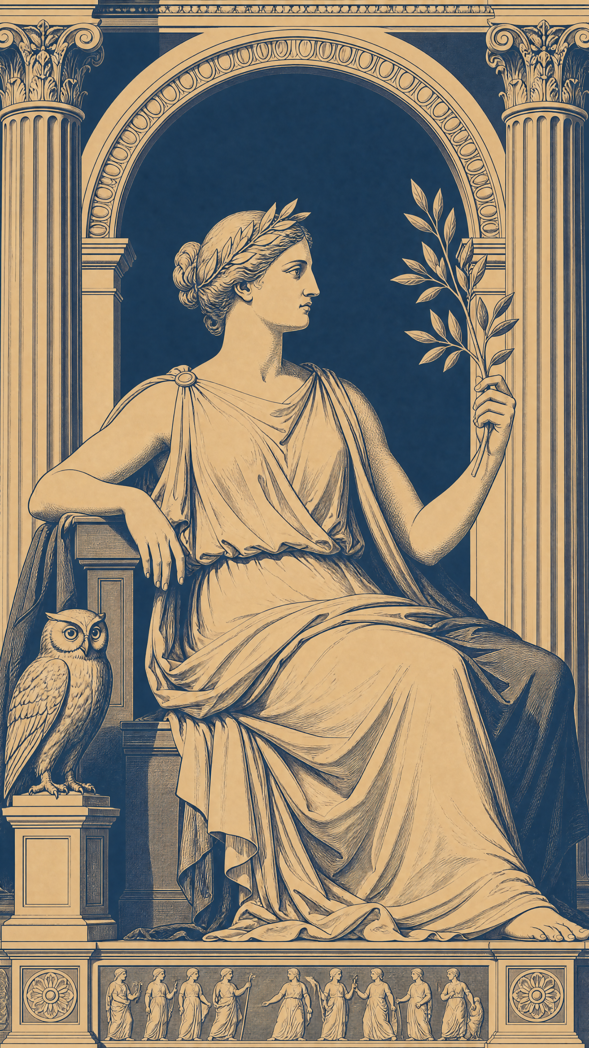 Dual-tone iPhone wallpaper: classical seated goddess wearing a laurel, holding an olive branch, owl at her feet, set within an arched colonnade with a decorative frieze.