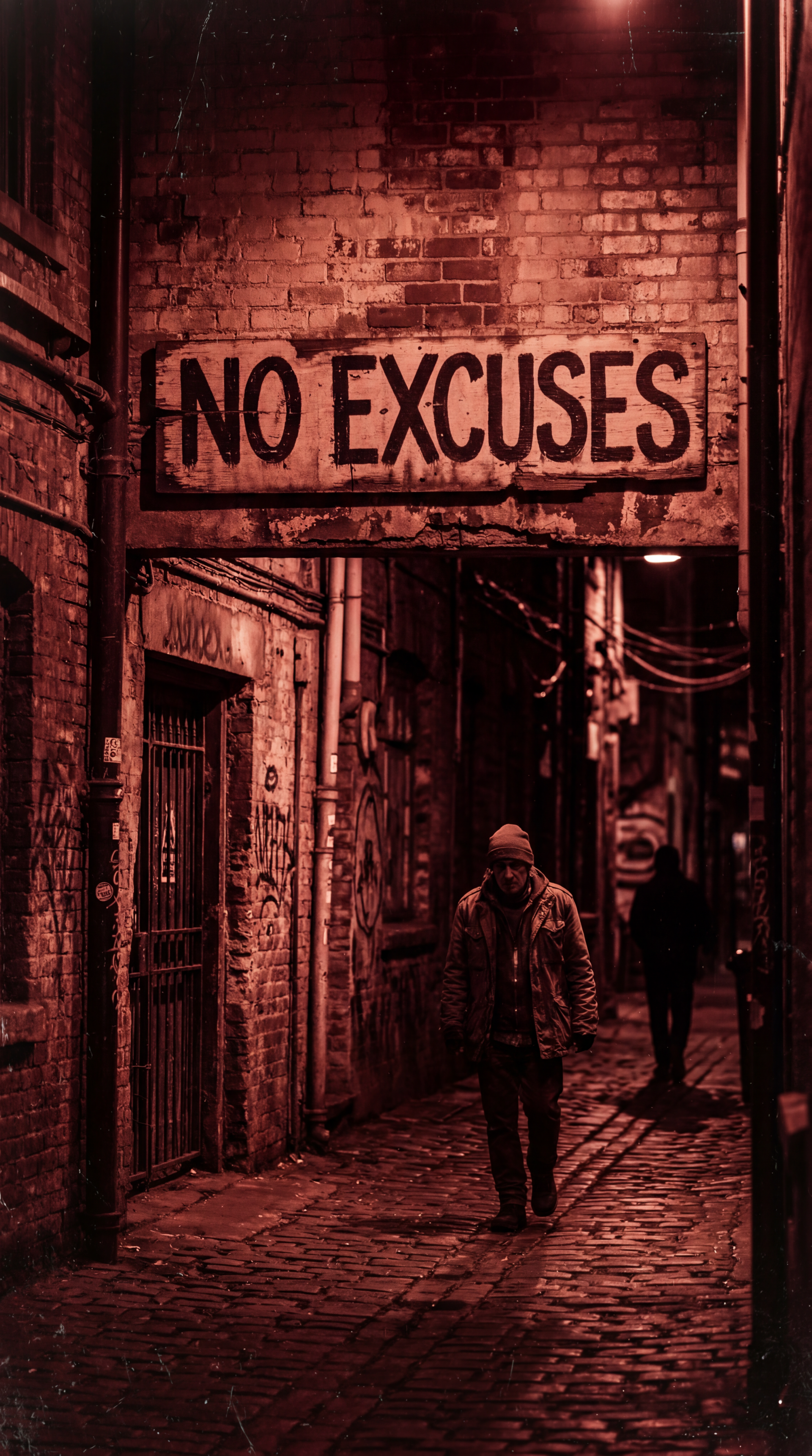 iPhone wallpaper — moody red-lit alley with an overhead NO EXCUSES sign and a lone figure walking down cobblestone path.