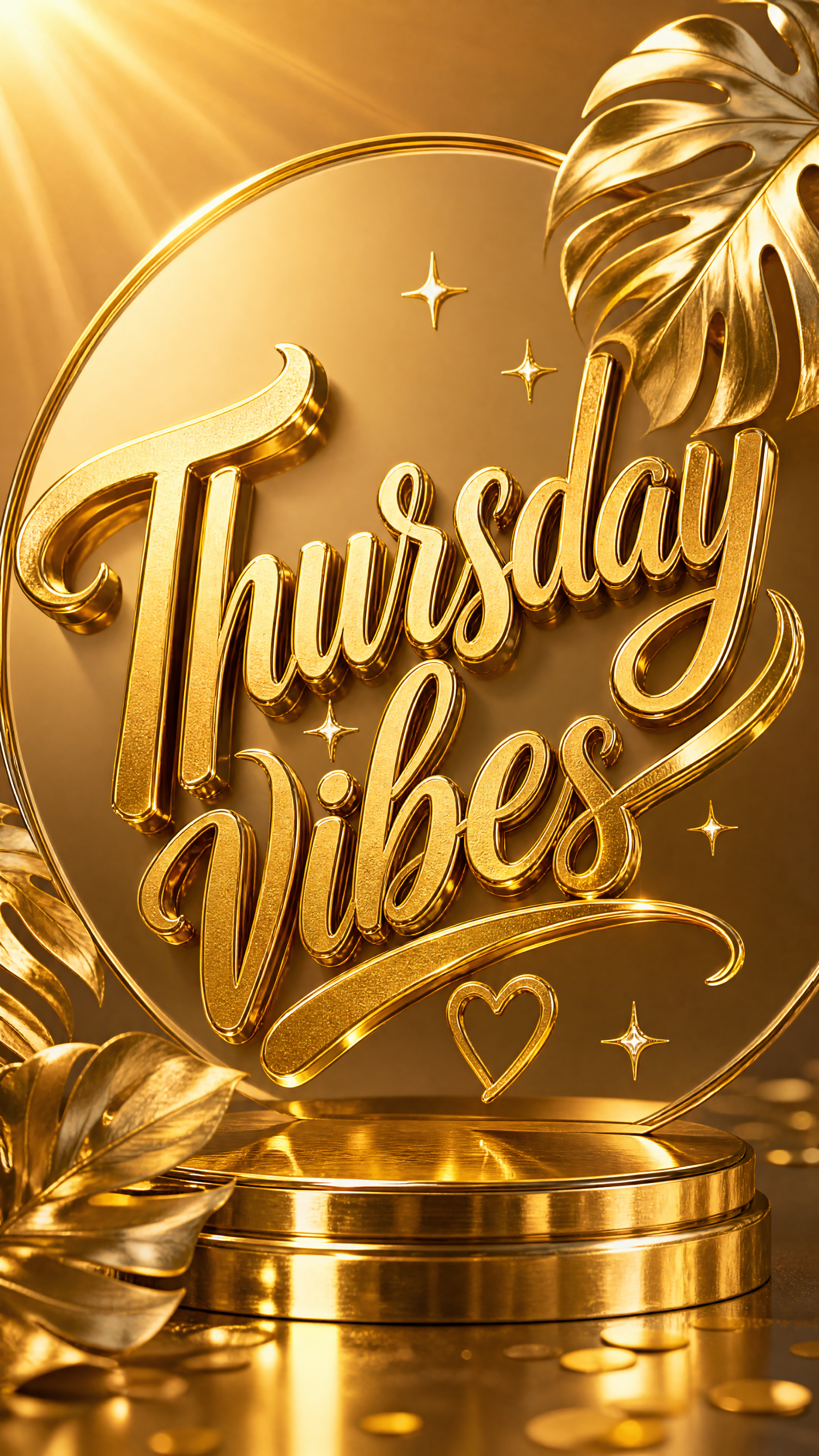 Golden iPhone wallpaper reading 'Thursday Vibes' in ornate 3D gold script on a circular pedestal, surrounded by tropical leaves, sparkles and warm sunlit highlights.