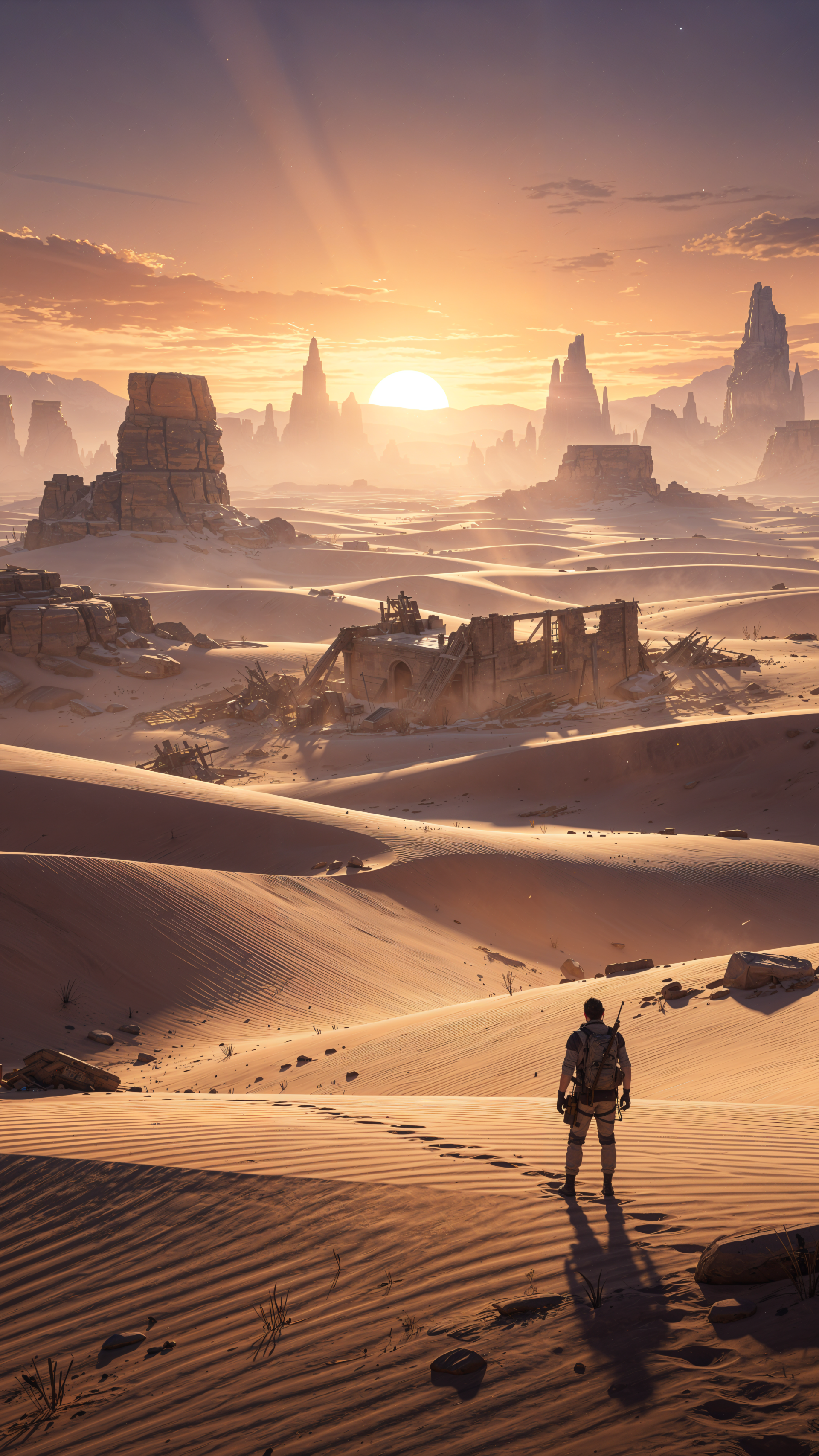iPhone wallpaper: lone traveler on a sand dune gazes across a vast desert at sunset, silhouetted against mesas and crumbling ruins.