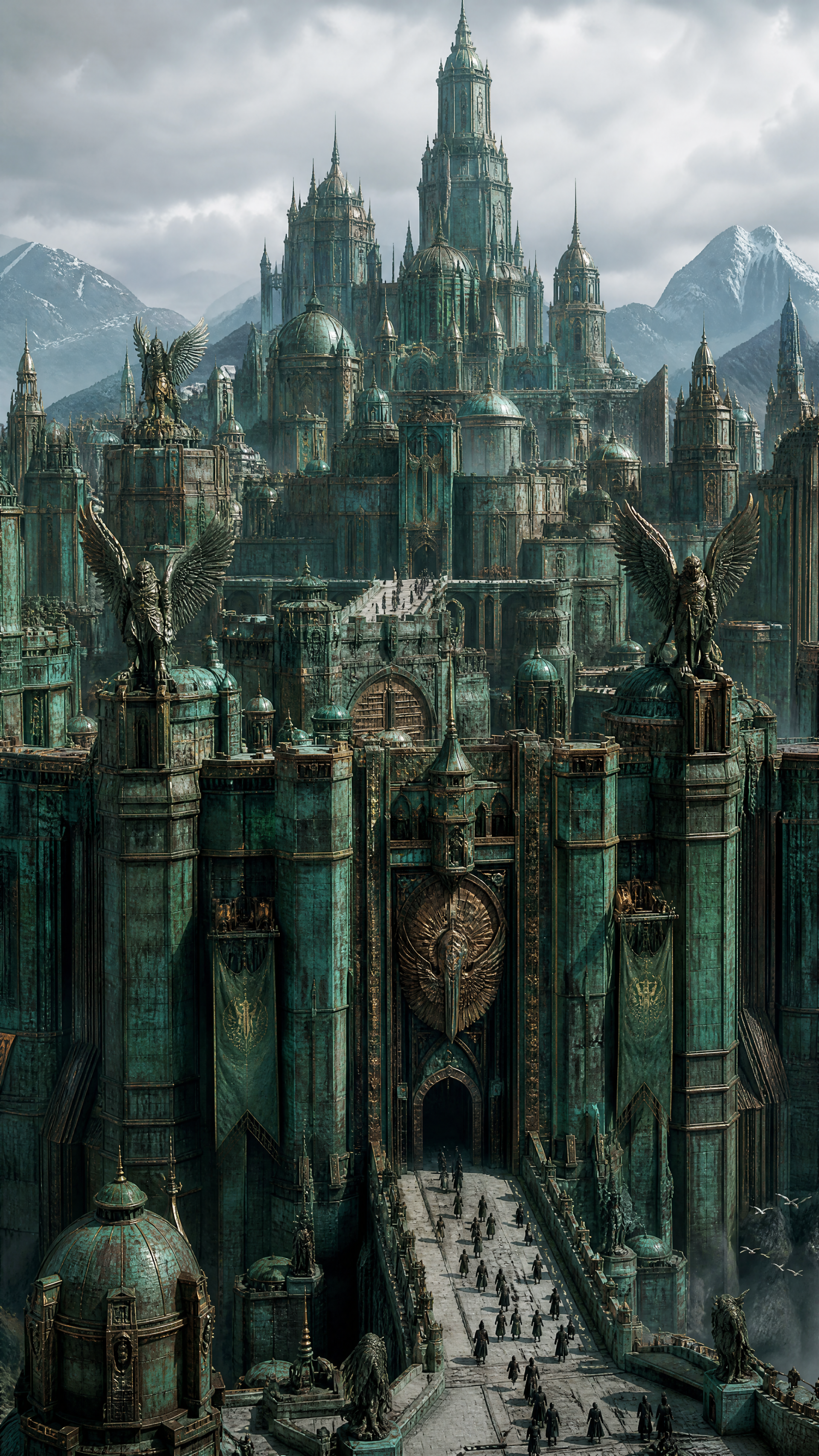 iPhone wallpaper: towering green-bronze fortress city with spired towers, winged statues and snowy mountains; small figures cross the bridge. Kingdom (2012)