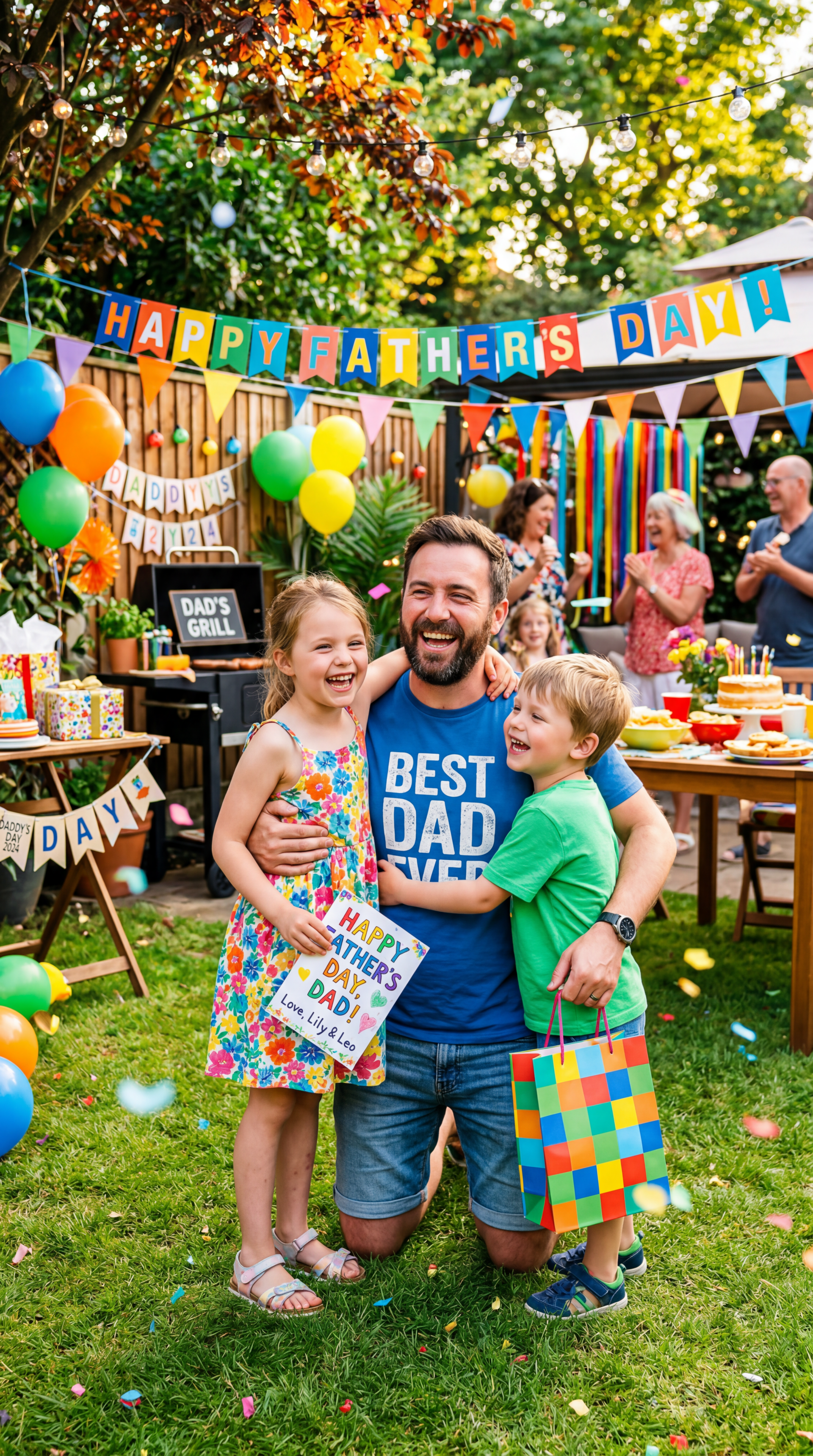 Father's Day iPhone wallpaper: smiling dad in BEST DAD EVER shirt hugged by two kids at a colorful backyard party with balloons, gifts and a Happy Father's Day banner.