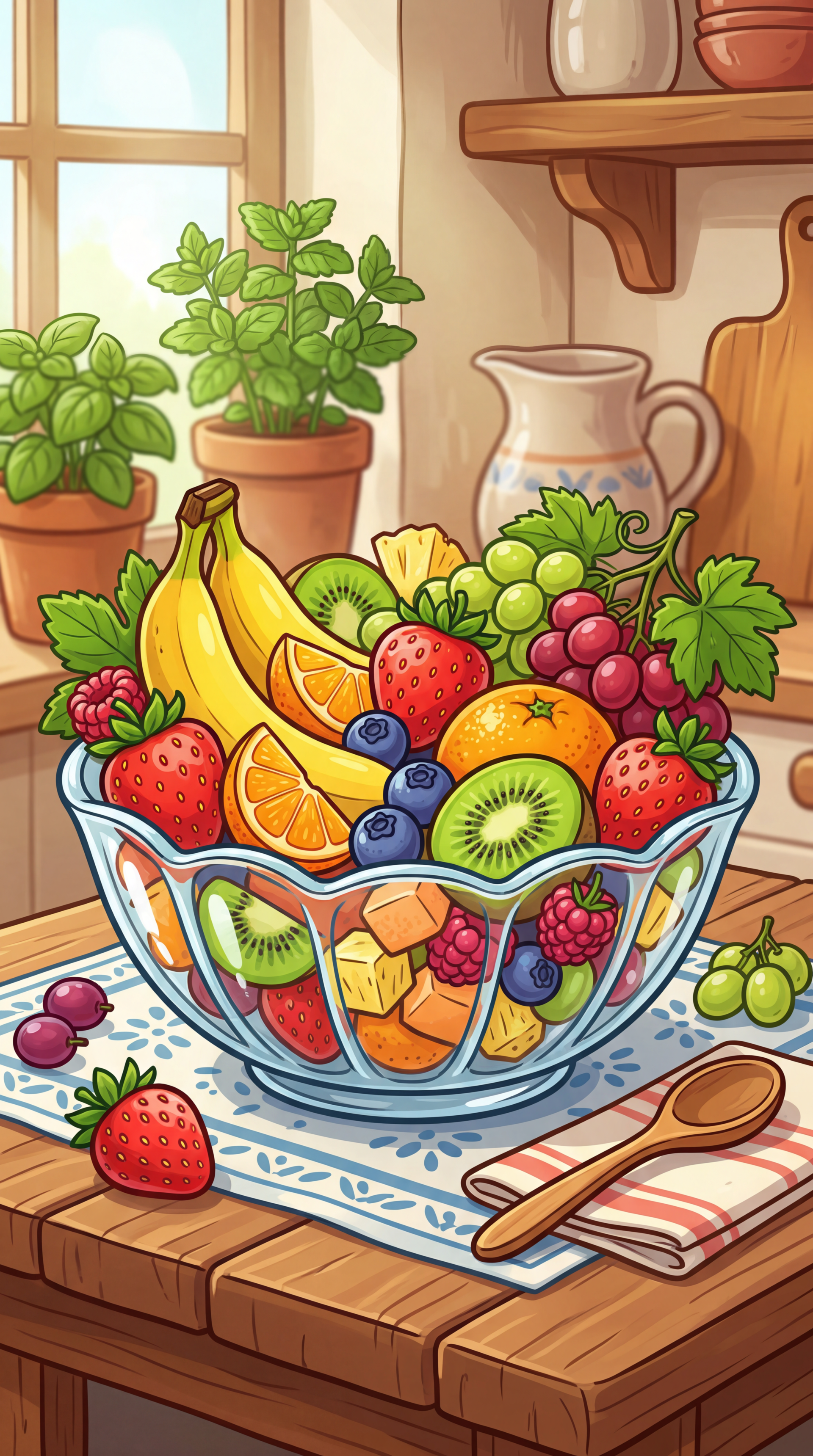 Colorful iPhone wallpaper showing mixed fruits in a glass bowl on a sunny kitchen table: bananas, strawberries, kiwi, grapes, blueberries, orange slices and mint plants.