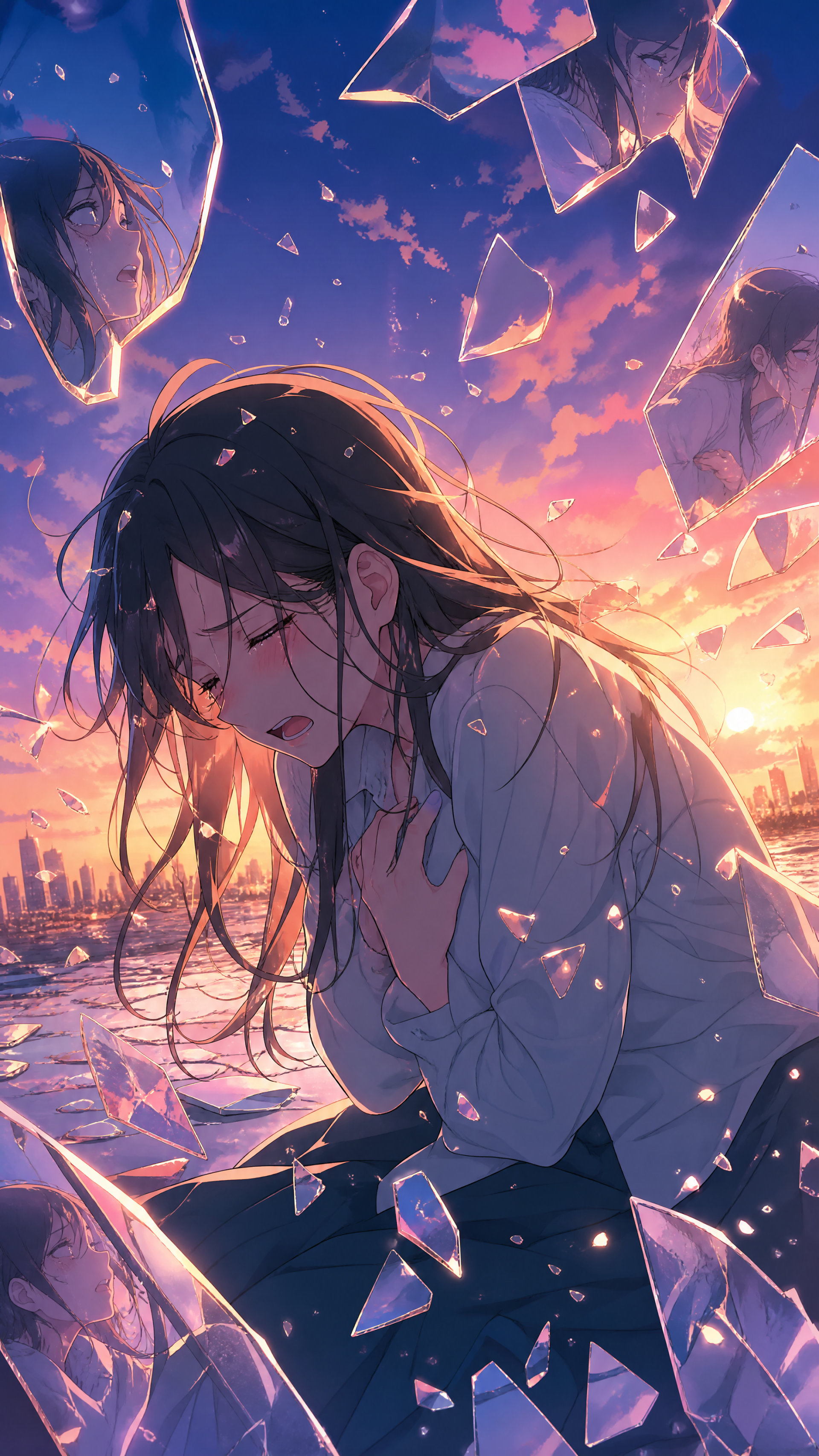 Phone/iPhone wallpaper showing an anime girl clutching her chest as glass shards and fragmented portraits float at sunset, conveying falling apart.