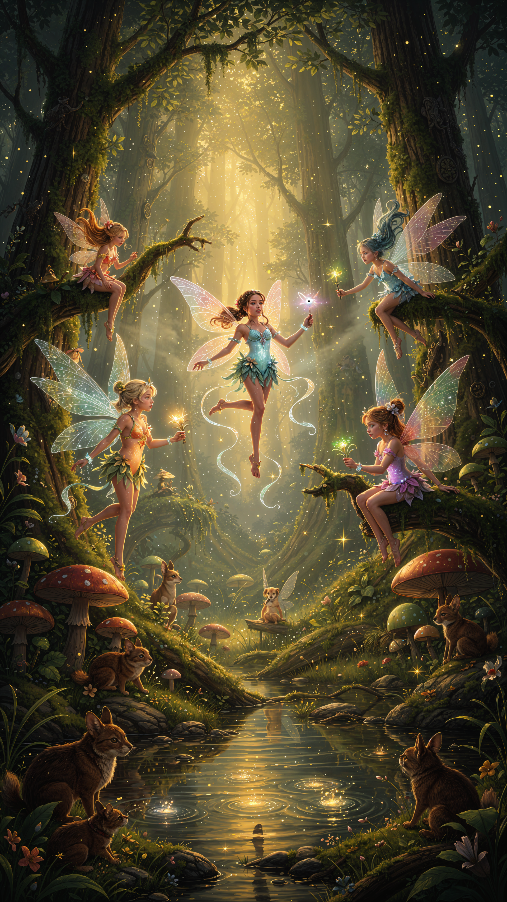 iPhone wallpaper of glowing forest fairies dancing above a moonlit stream amid mushrooms, rabbits and sunbeams filtering through ancient trees.