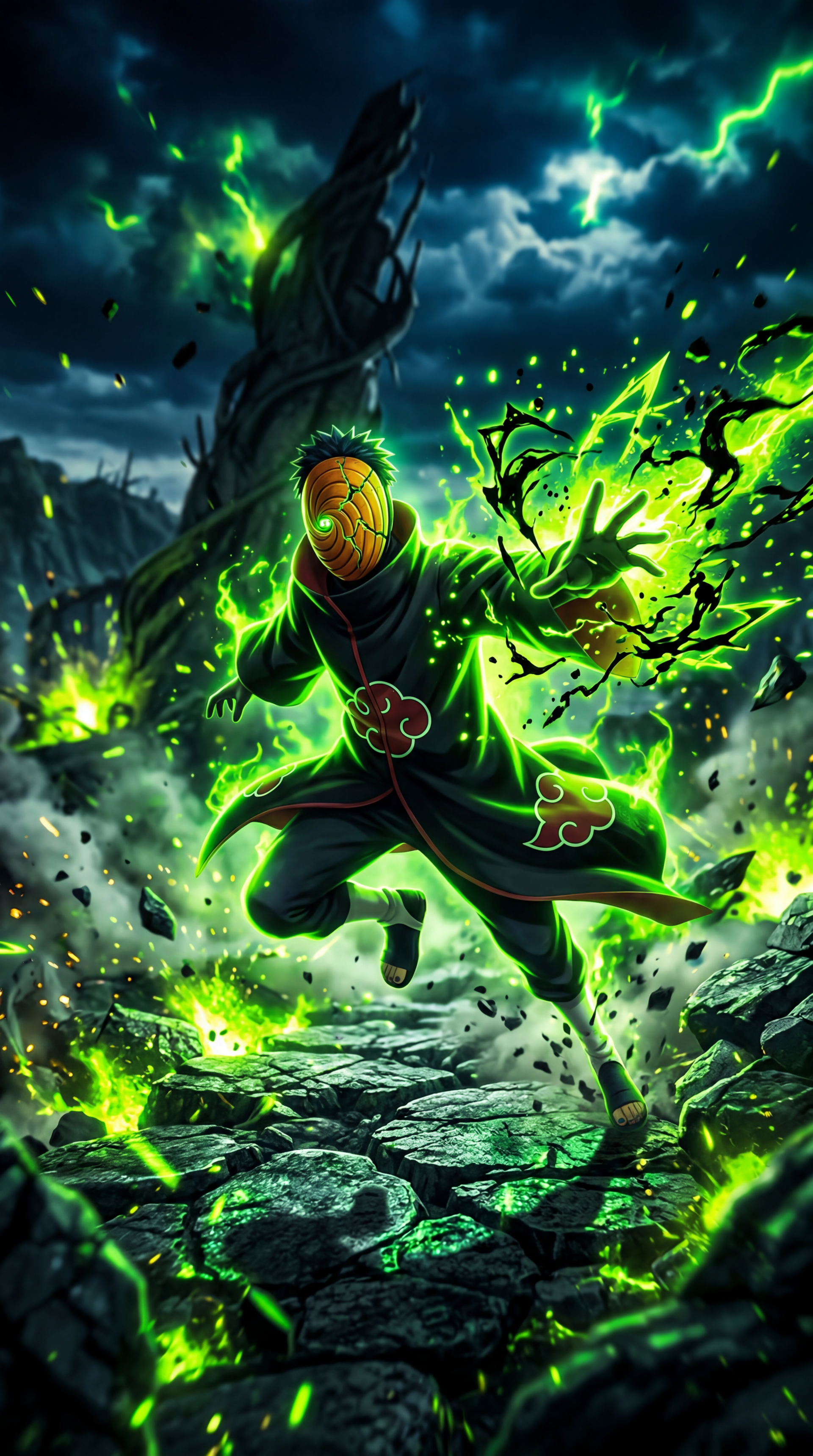 Obito Uchiha in an Akatsuki cloak and mask, leaping through crackling green chakra and lightning over shattered rock — iPhone wallpaper