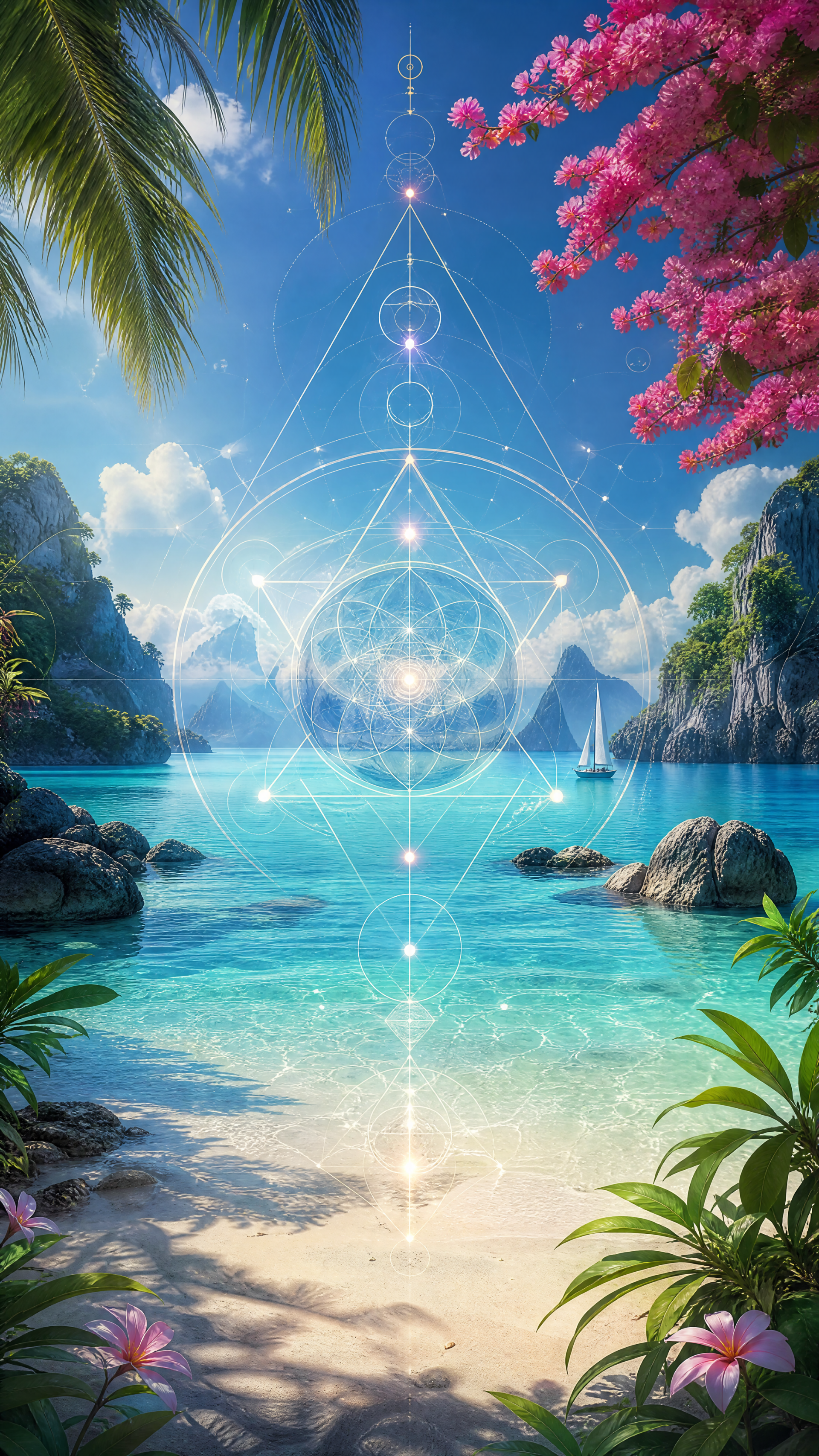 iPhone wallpaper of a tropical summer vacation cove: turquoise sea and sandy shore framed by palm fronds and pink blossoms, a distant sailboat, and a glowing geometric light motif.