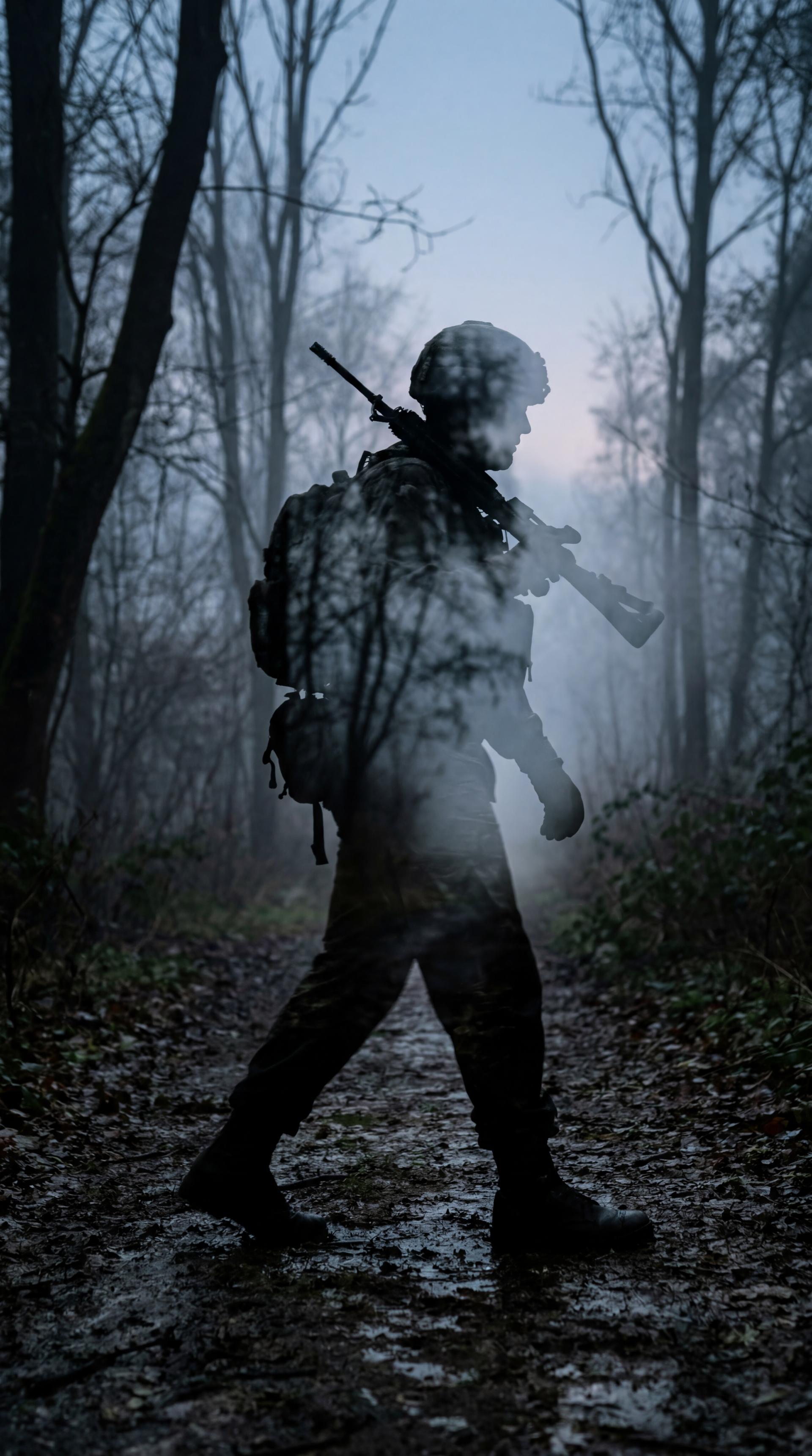 Phone/iPhone wallpaper of a soldier silhouette walking through a misty, bare-wood forest at dusk.