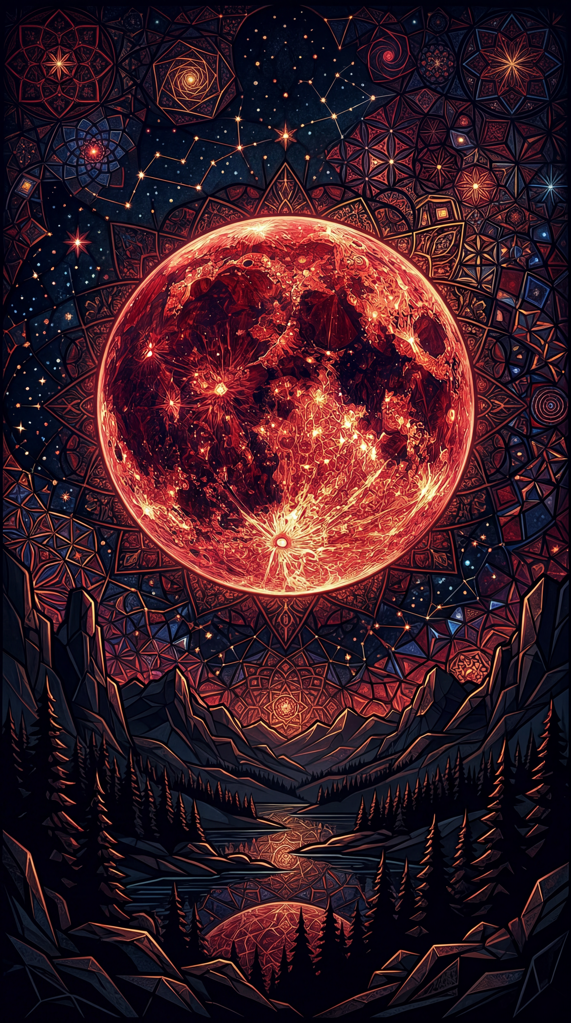 iPhone wallpaper: a luminous crimson moon fills the sky above intricate geometric star patterns, reflecting over a pine-lined valley and winding river.