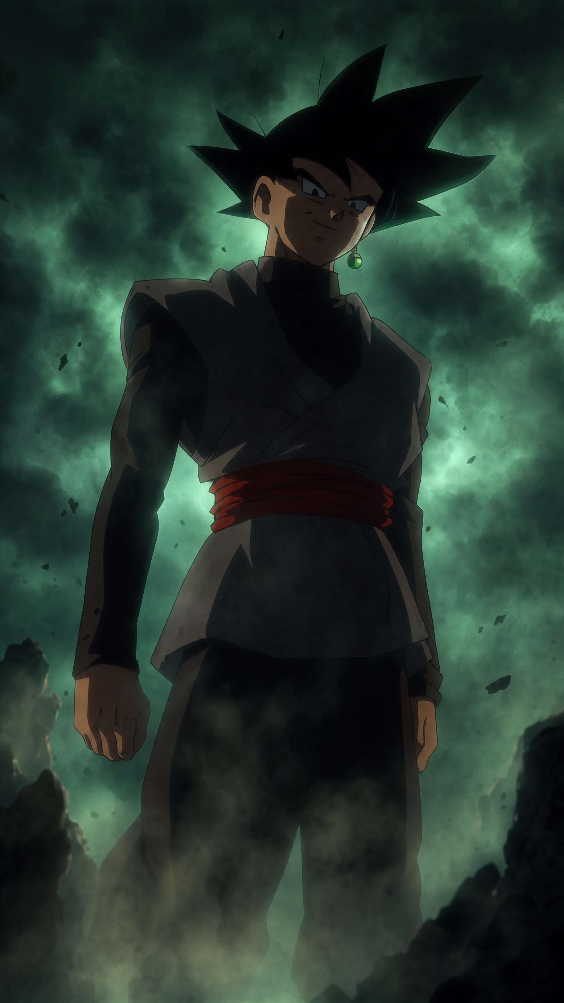 iPhone wallpaper of Black Goku standing in shadow amid swirling green mist, red sash visible, imposing silhouette and intense stare.