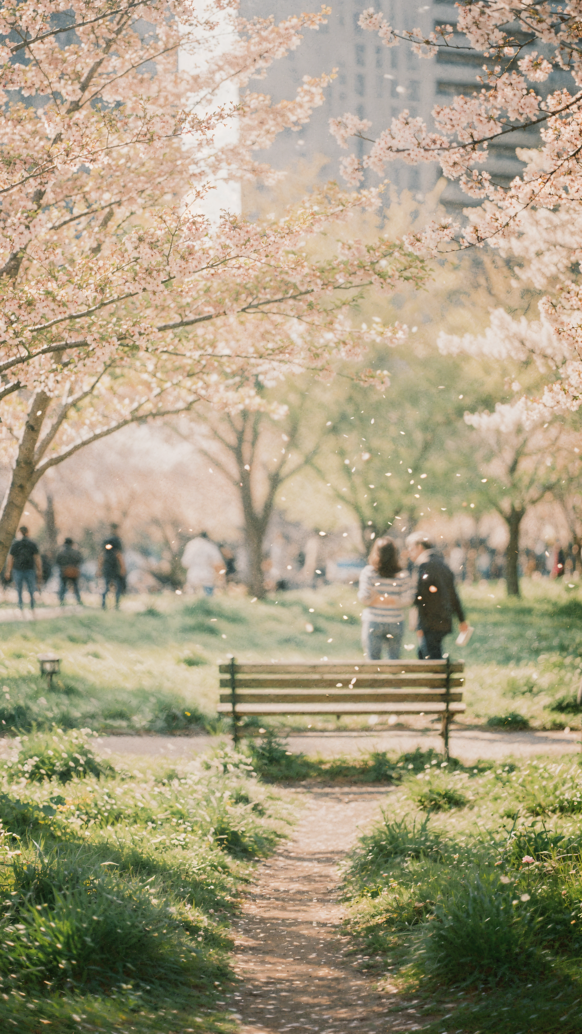 iPhone wallpaper: sunlit park path framed by cherry blossoms, bench in foreground, soft pastel bokeh and drifting petals — spring aesthetic.