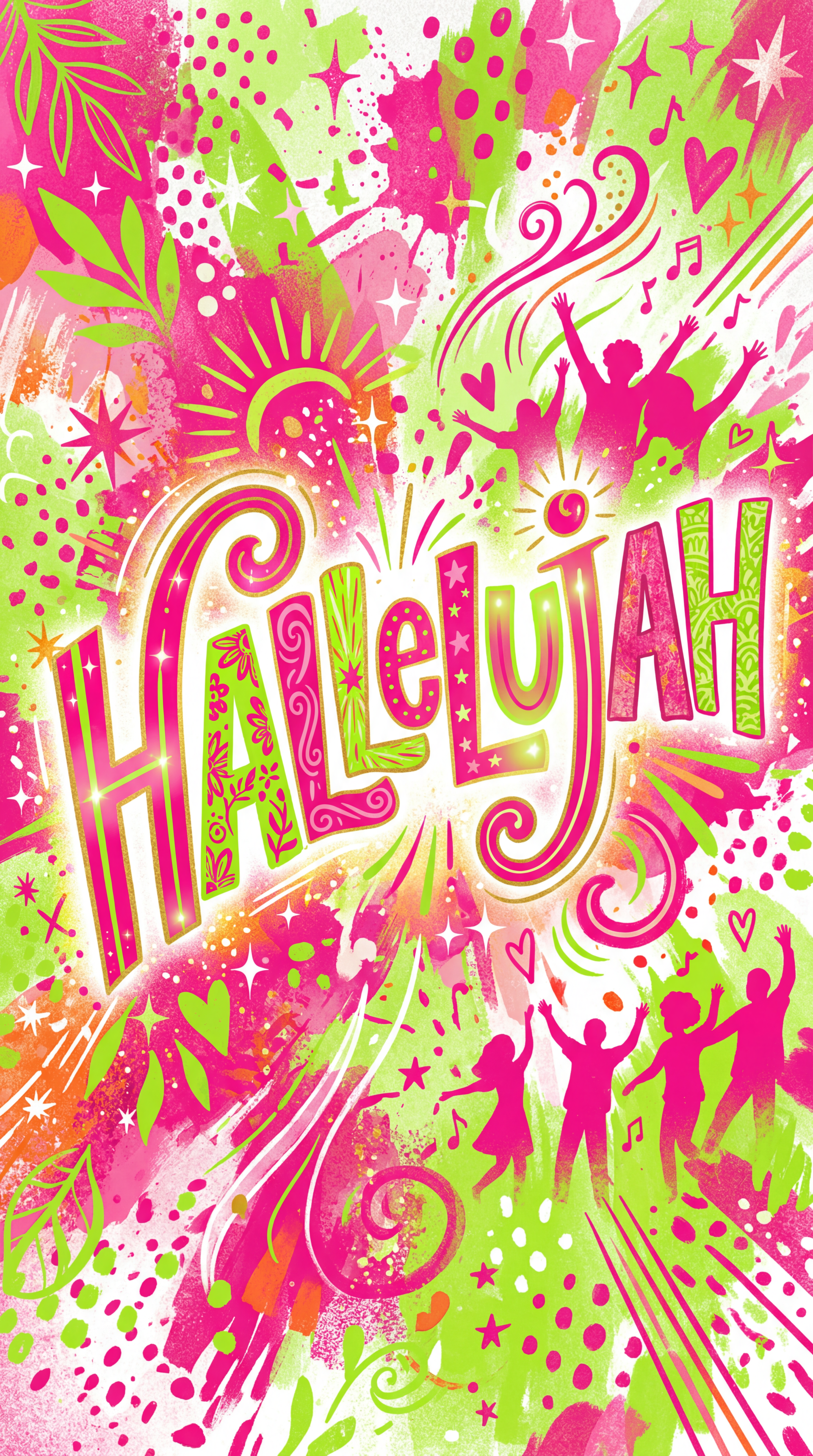 Colorful iPhone wallpaper reading Hallelujah in ornate script amid neon pink and lime-green splashes, stars, musical notes and joyful silhouetted figures.