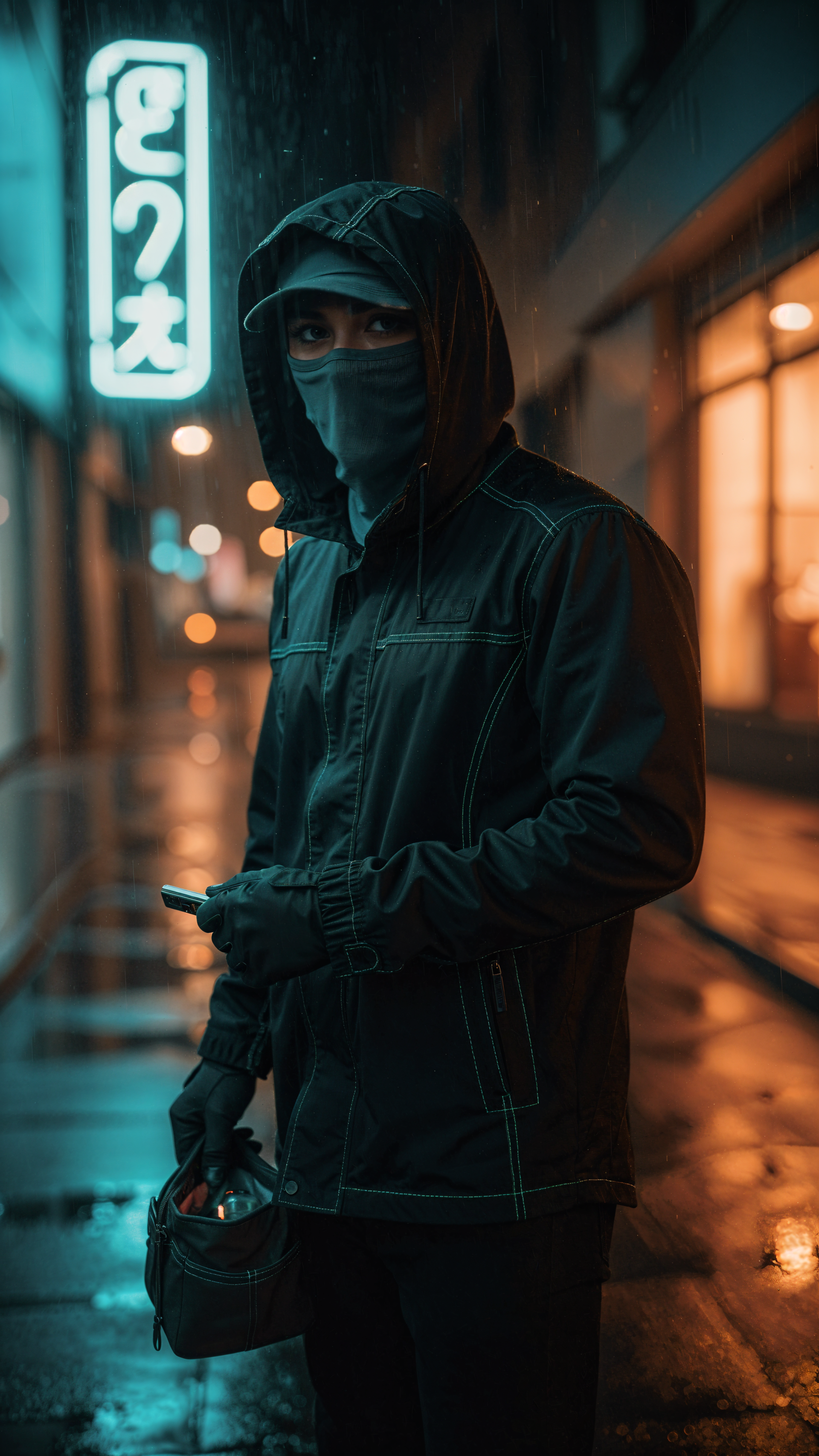 Phone wallpaper: masked, hooded thief in a neon-lit rainy alley holding a small bag and phone, eyes visible above a face covering.