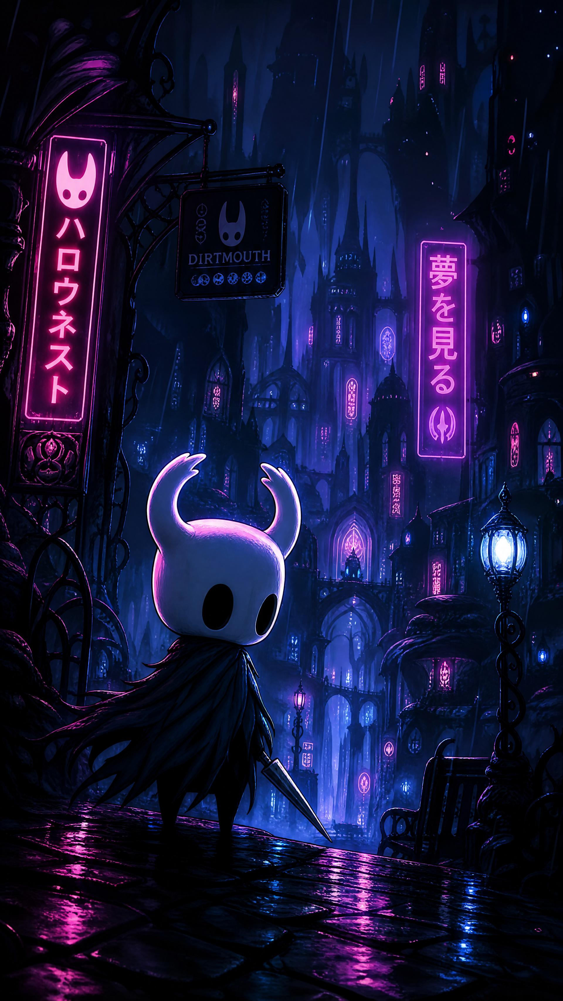 Hollow Knight iPhone wallpaper: the knight stands on a rain-slick street, overlooking a neon purple-blue gothic cityscape with glowing Japanese signs.