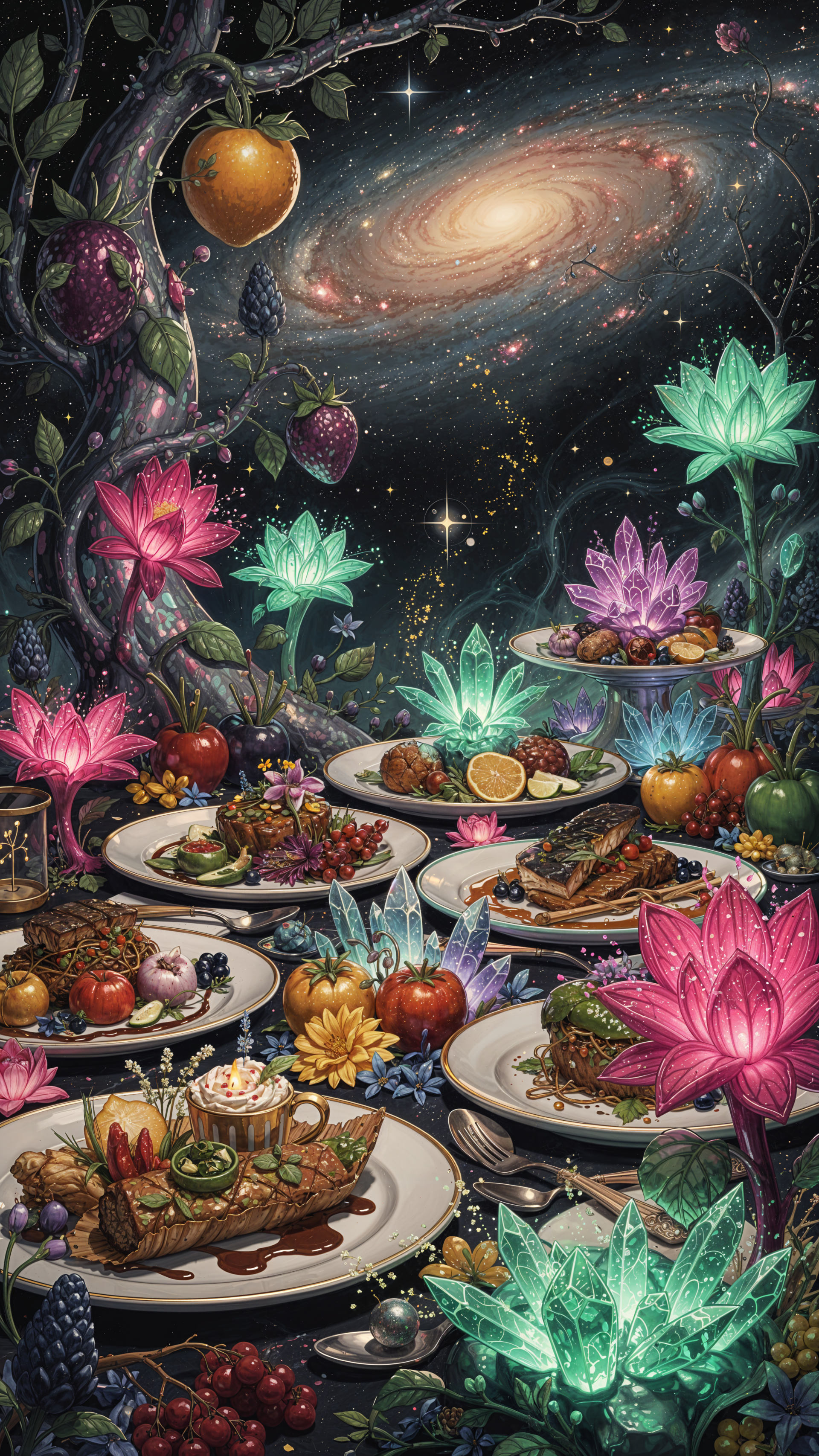 Phone/iPhone wallpaper of a surreal banquet: plated gourmet food amid glowing crystal flowers, fruit and vines beneath a luminous spiral galaxy.