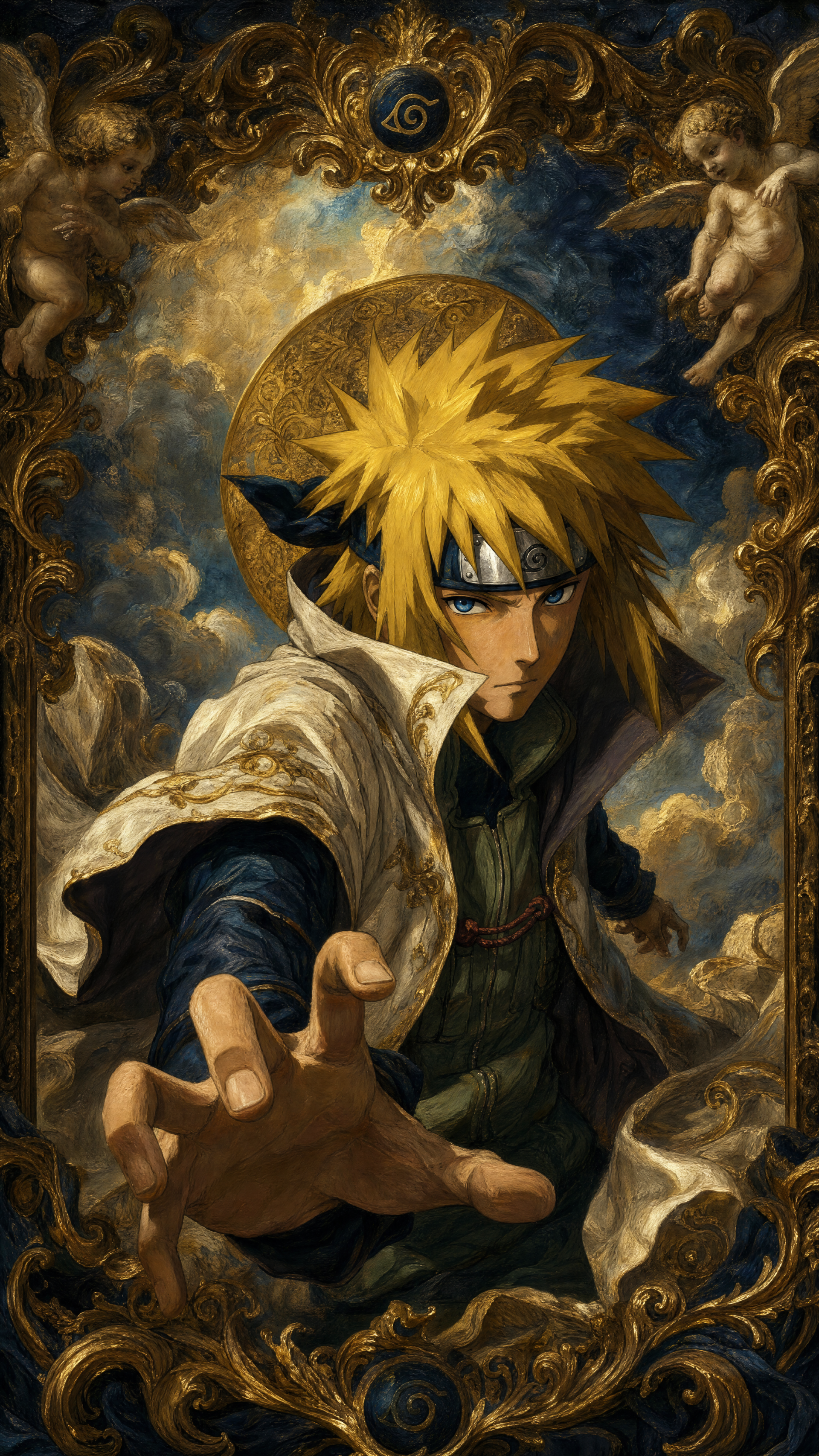 iPhone wallpaper of Minato Namikaze reaching toward the viewer amid gilded baroque clouds and cherubs, his spiky blond hair, headband and flowing cloak prominent.