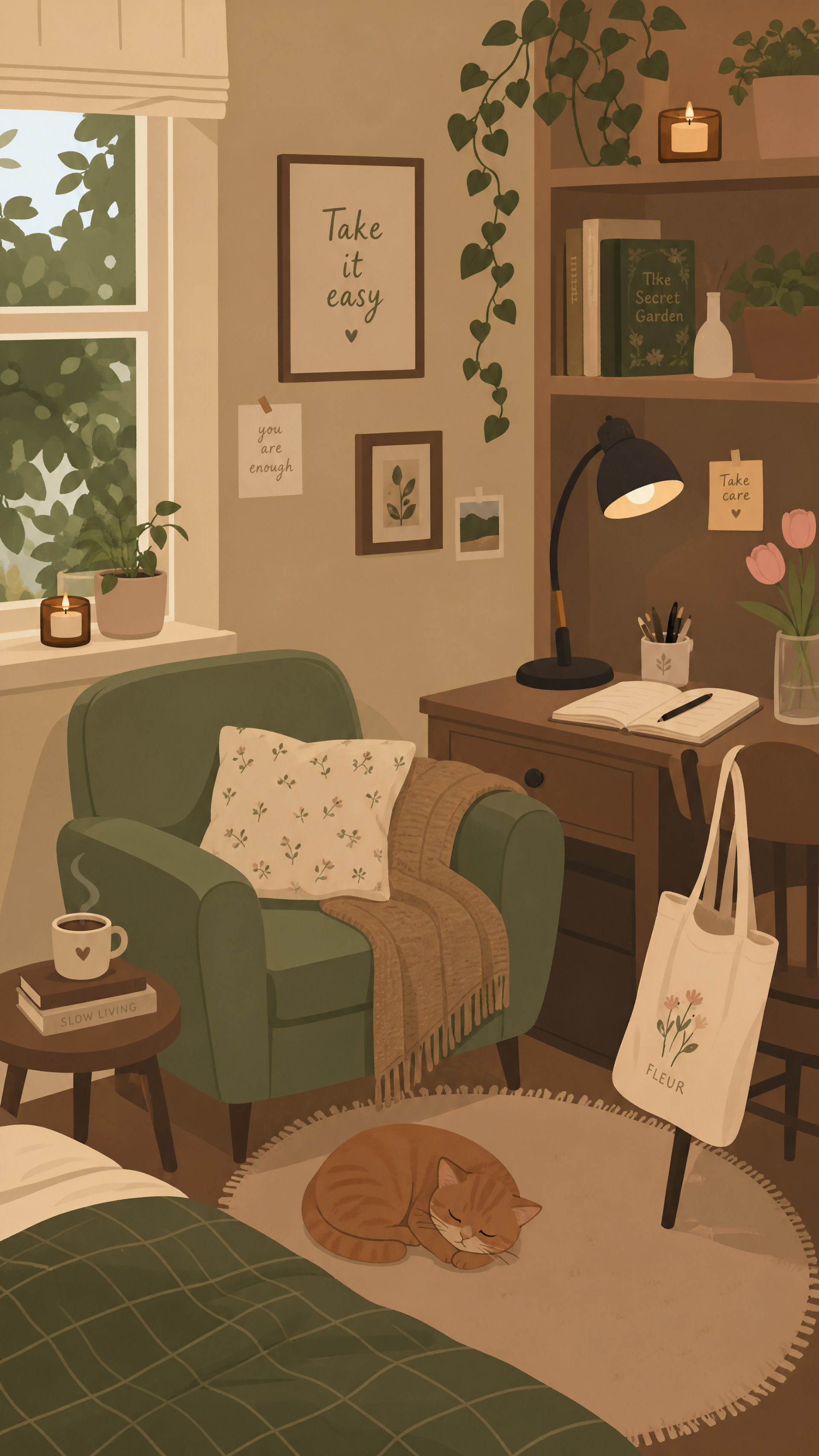 Cozy aesthetic iPhone wallpaper: a warm bedroom nook with a green armchair, throw blanket, desk lamp, hanging plants and a sleeping ginger cat on a round rug.