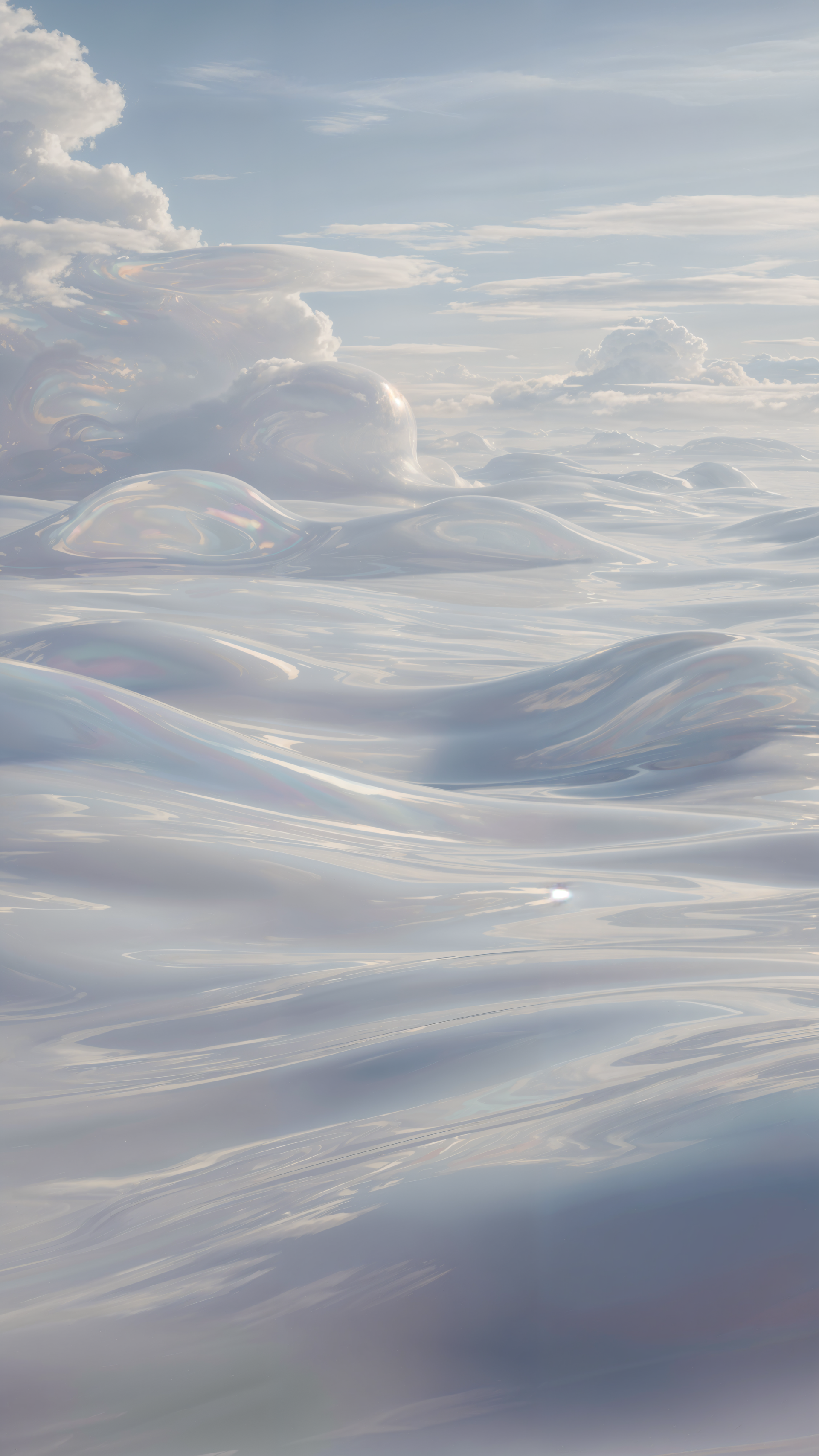 Vertical iPhone wallpaper showing a serene cloudscape of smooth, glossy cloud waves and soft sunlight beneath a pale blue sky.