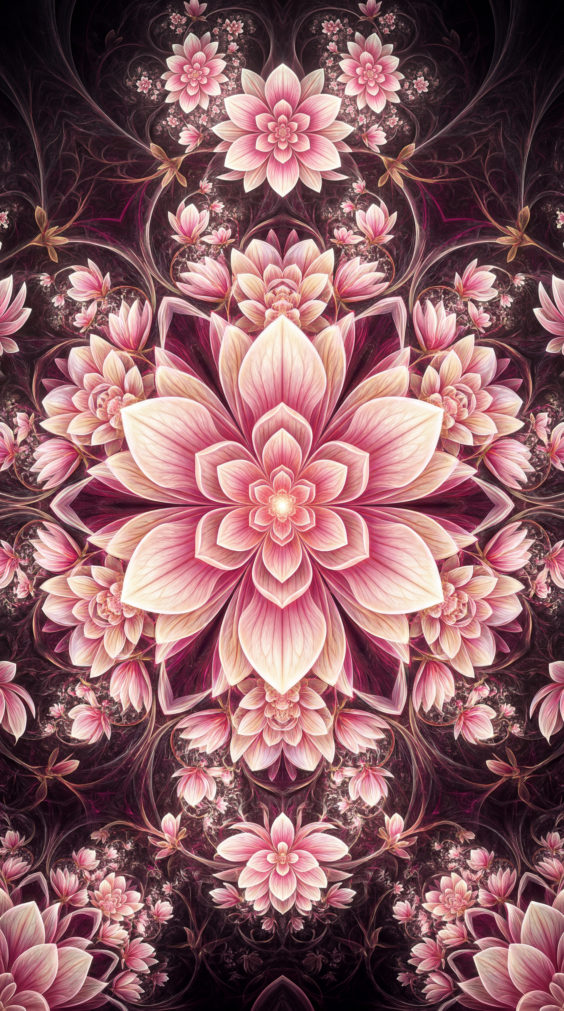 iPhone wallpaper of a symmetrical, layered magnolia bloom in soft pinks and deep maroon, ornate fractal-like floral pattern.