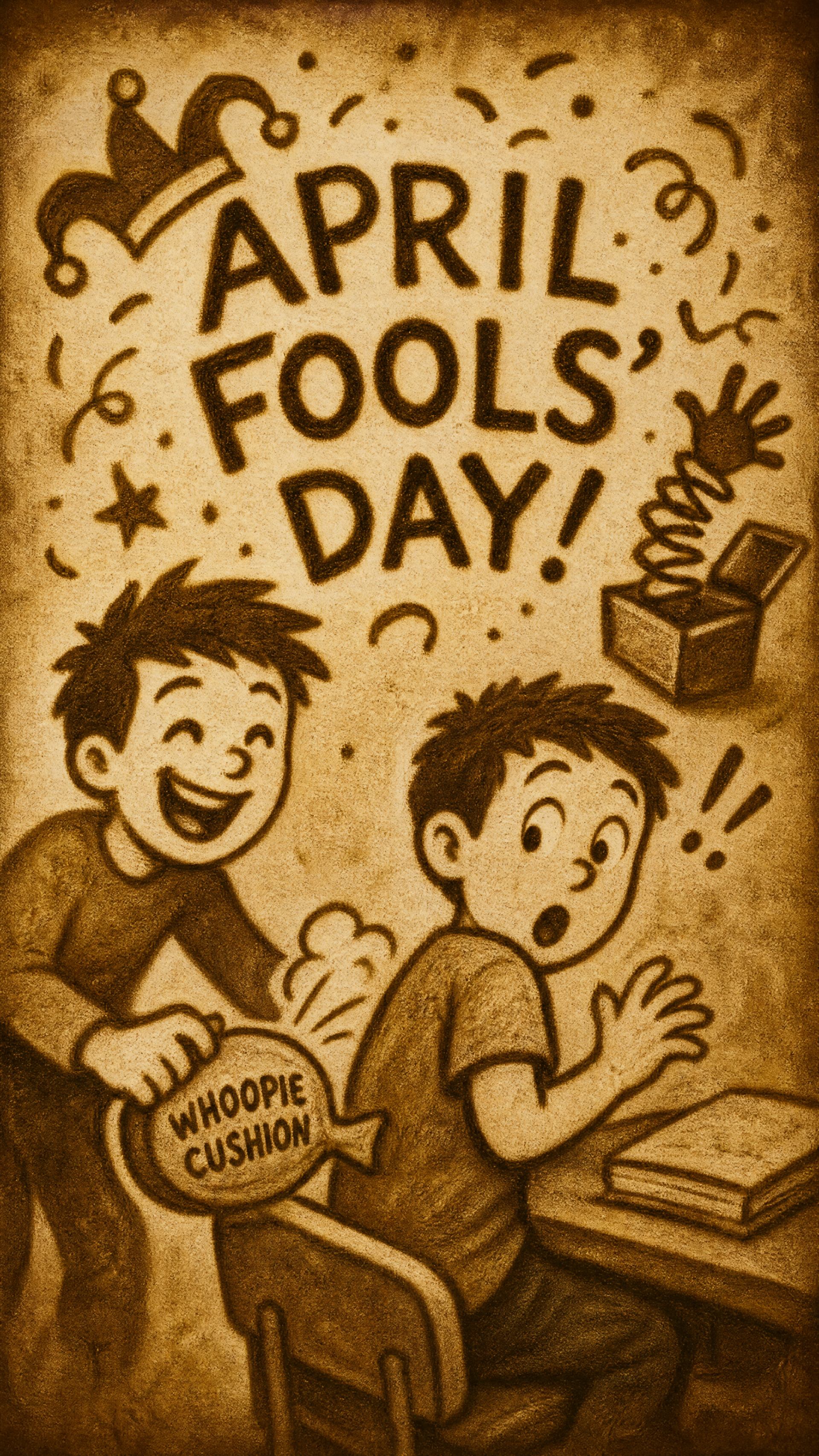 Sepia cartoon iPhone wallpaper reading APRIL FOOLS DAY! shows one boy sneaking a whoopie cushion onto a chair while another recoils; jack‑in‑the‑box and confetti add to the prank.