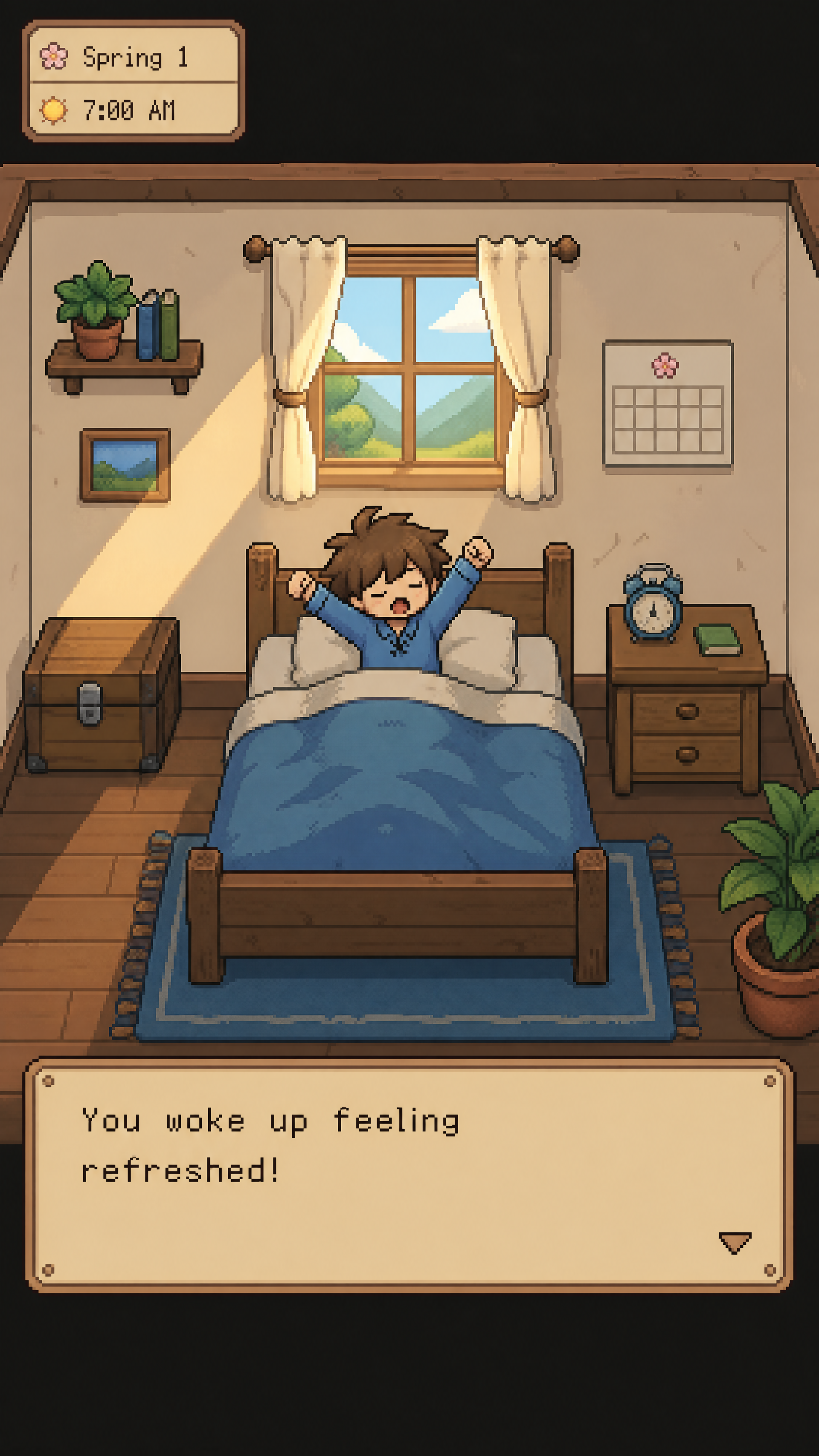 Pixel-art iPhone wallpaper of waking up: a character stretches in a cozy sunlit bedroom, window shows rolling hills, alarm reads 7:00 AM, caption reads You woke up feeling refreshed!
