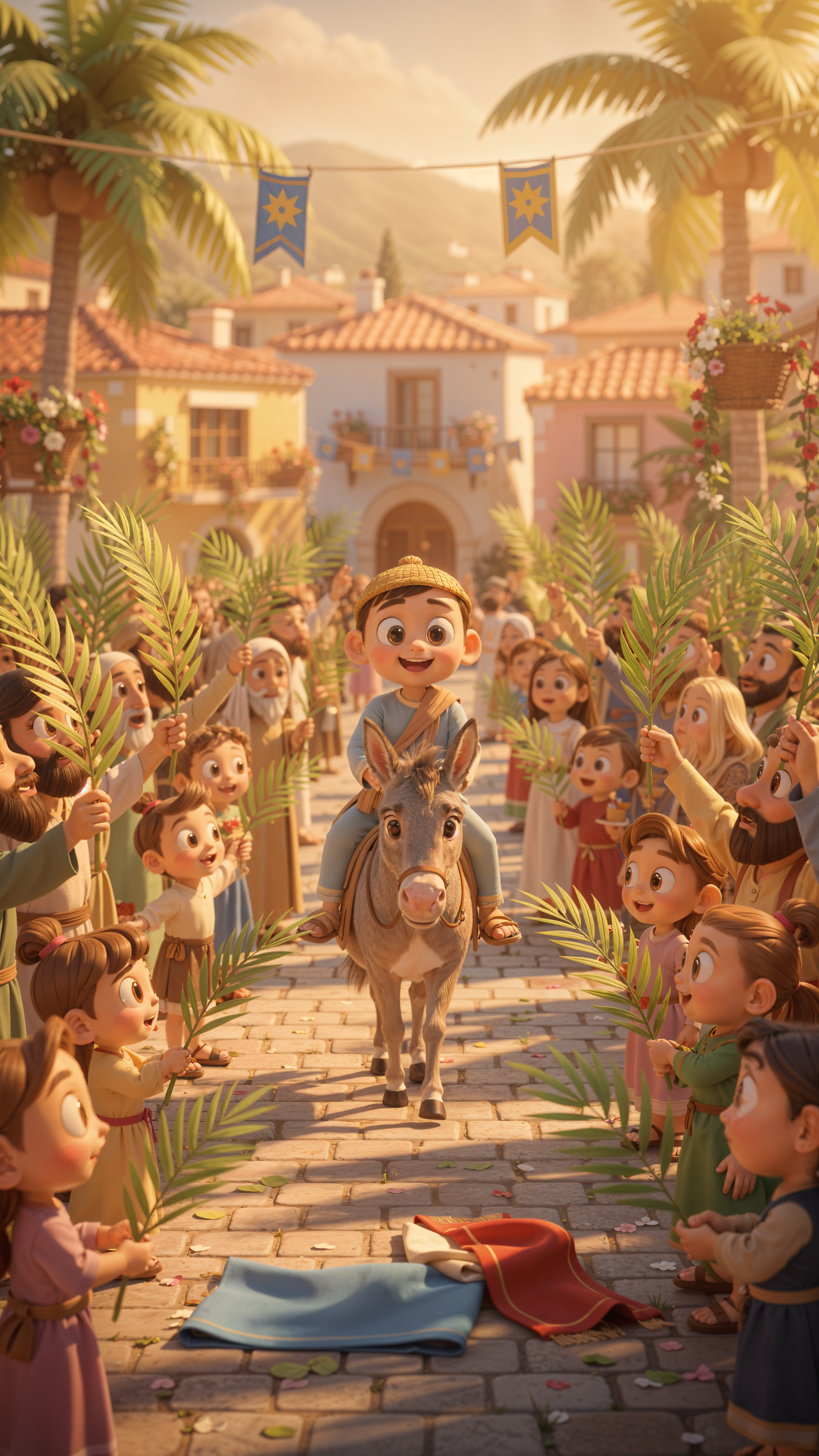 Palm Sunday iPhone wallpaper — a joyful boy on a donkey parades down a palm‑lined village street as crowds wave palm fronds and lay cloaks.