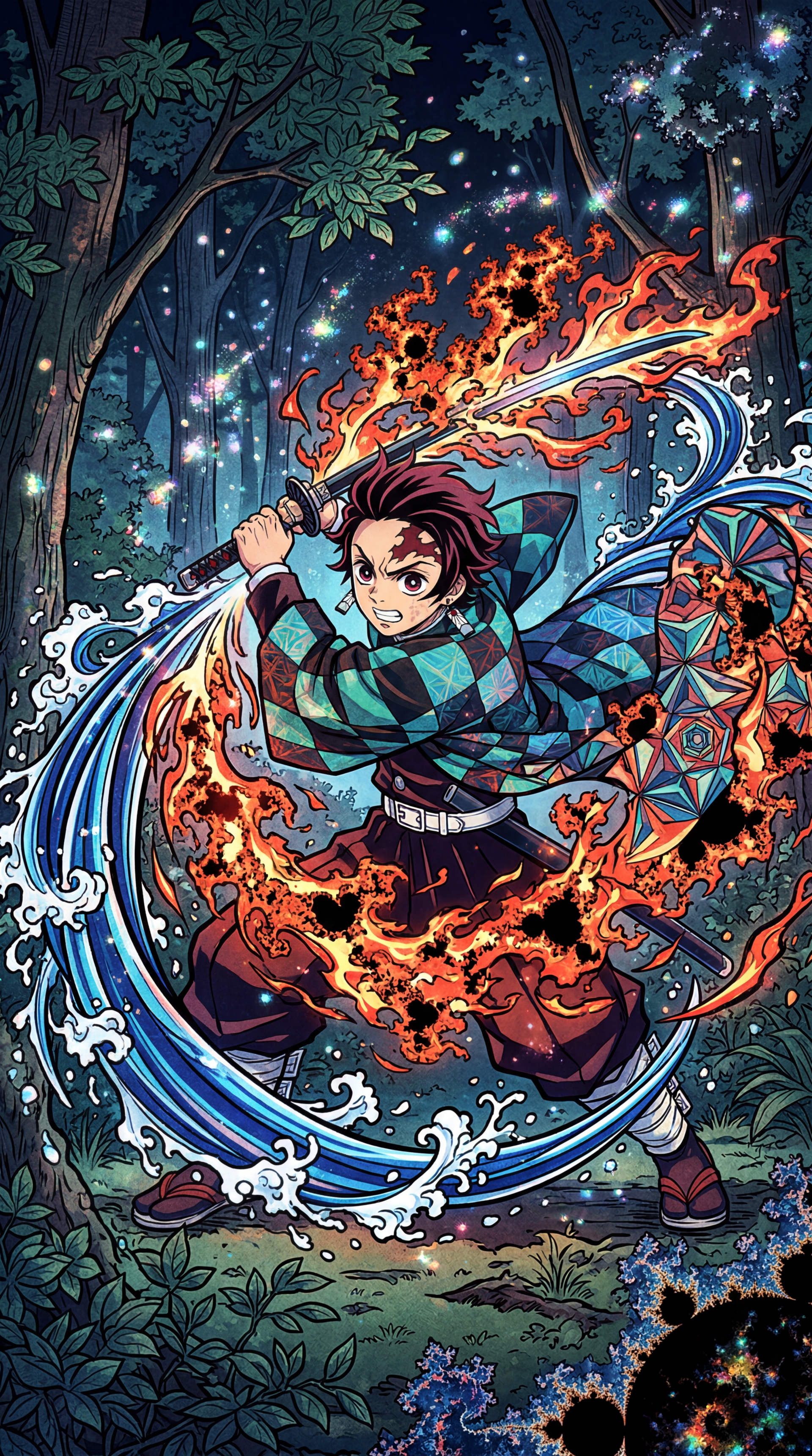 Phone wallpaper — Tanjiro from Demon Slayer: Kimetsu no Yaiba lunges through a moonlit forest, sword wreathed in flames and swirling water, vibrant anime action.