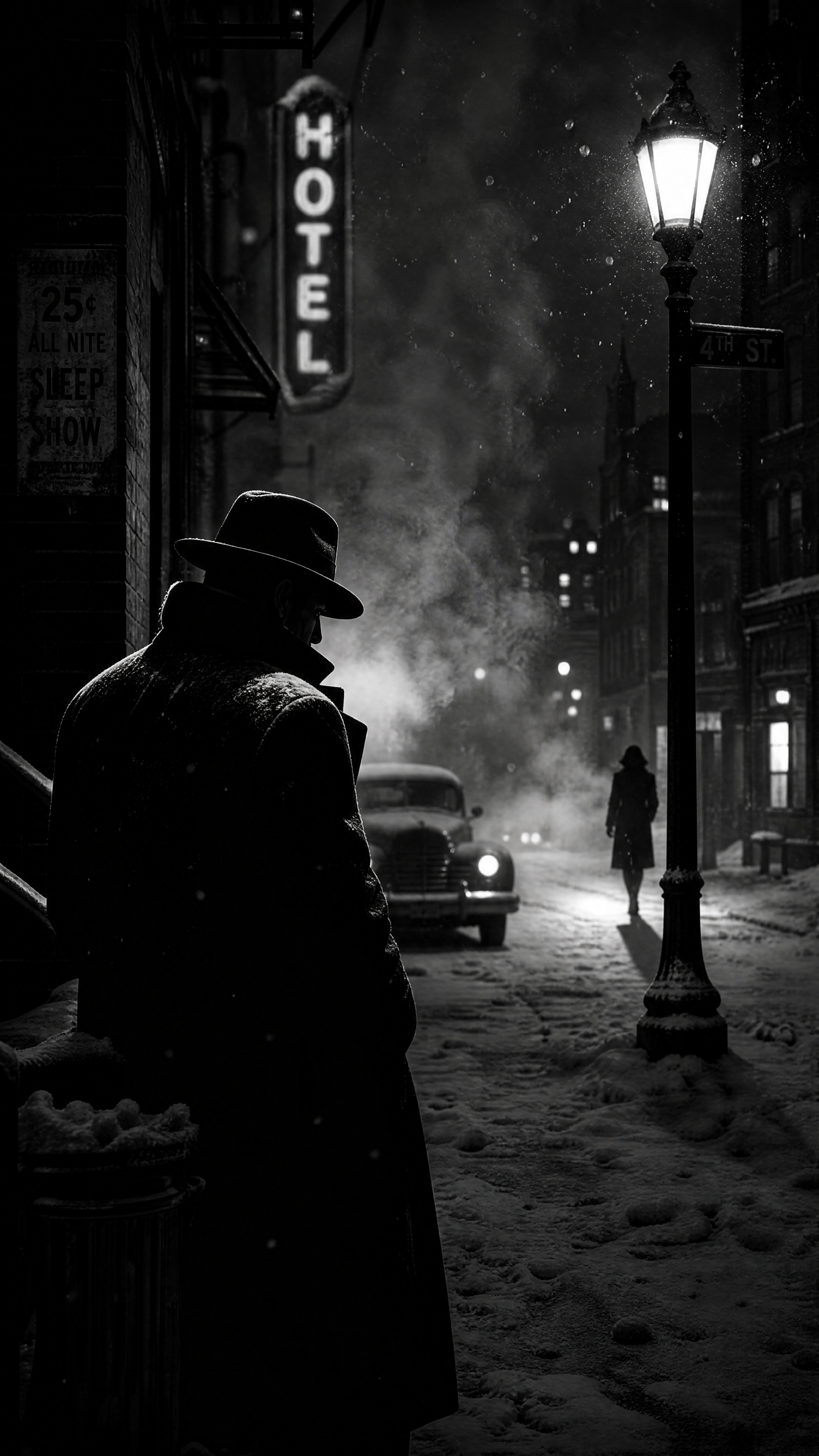 Noir phone wallpaper: snowy night street, silhouetted man in a fedora by a lamppost, vintage car, glowing HOTEL sign, lone figure walking away.
