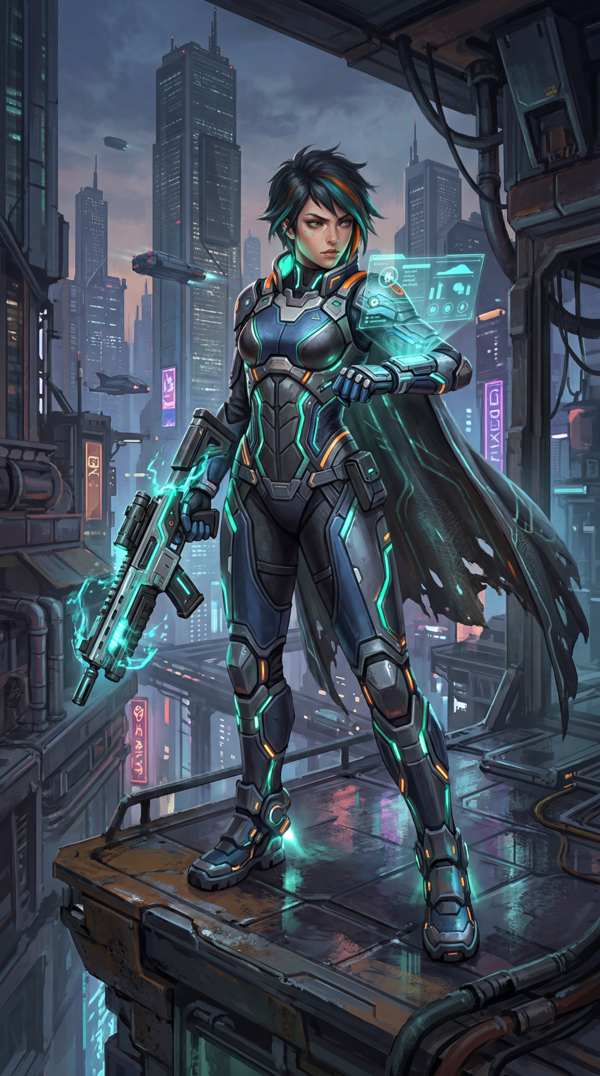Sci-fi girl in glowing armor with plasma rifle and holographic display standing on a rain‑slick neon megacity rooftop — vertical phone/iPhone wallpaper.