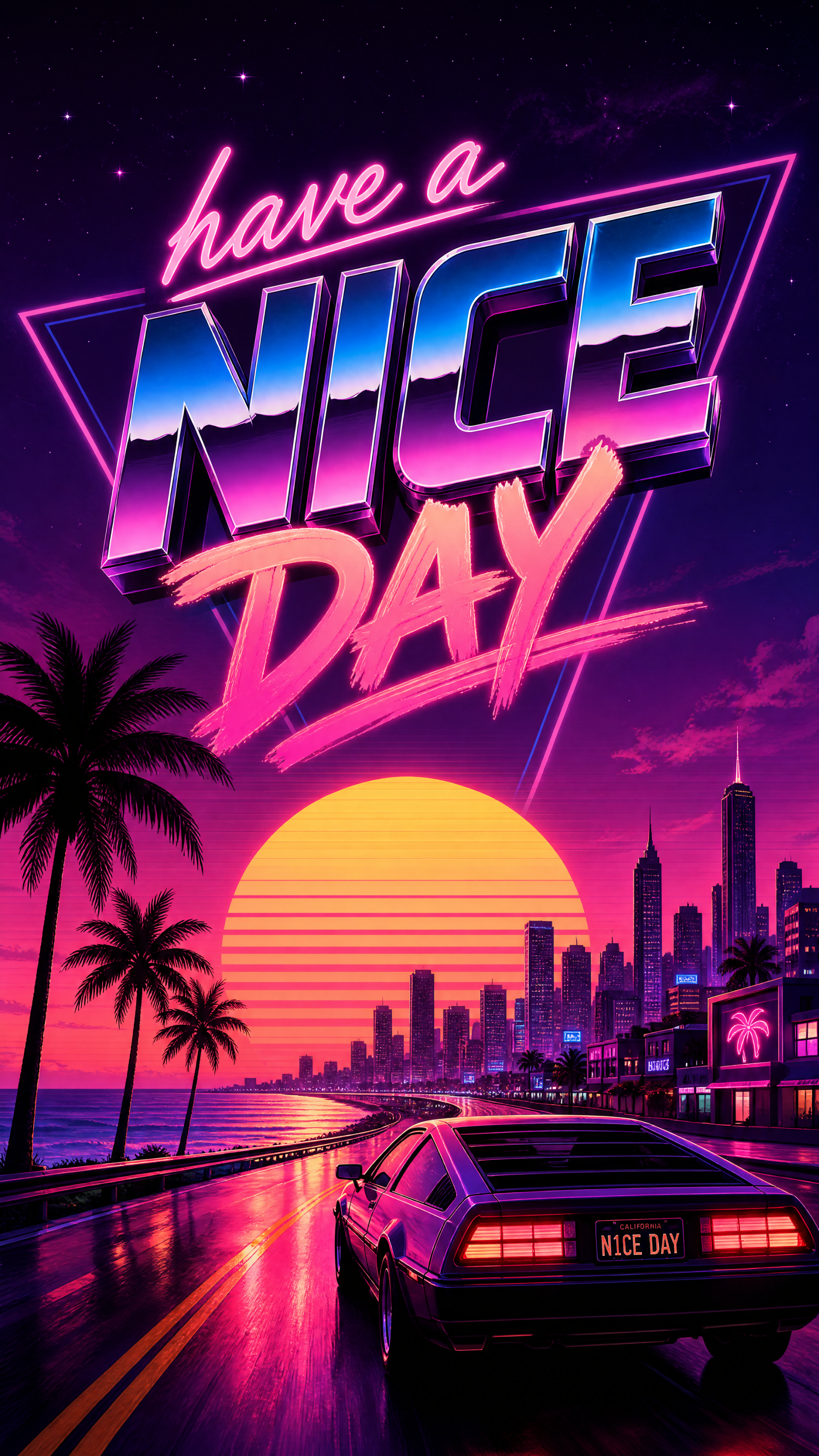 iPhone wallpaper: neon synthwave cityscape at sunset with palm trees and a retro car on a wet road, bold text have a NICE DAY glowing above the skyline.