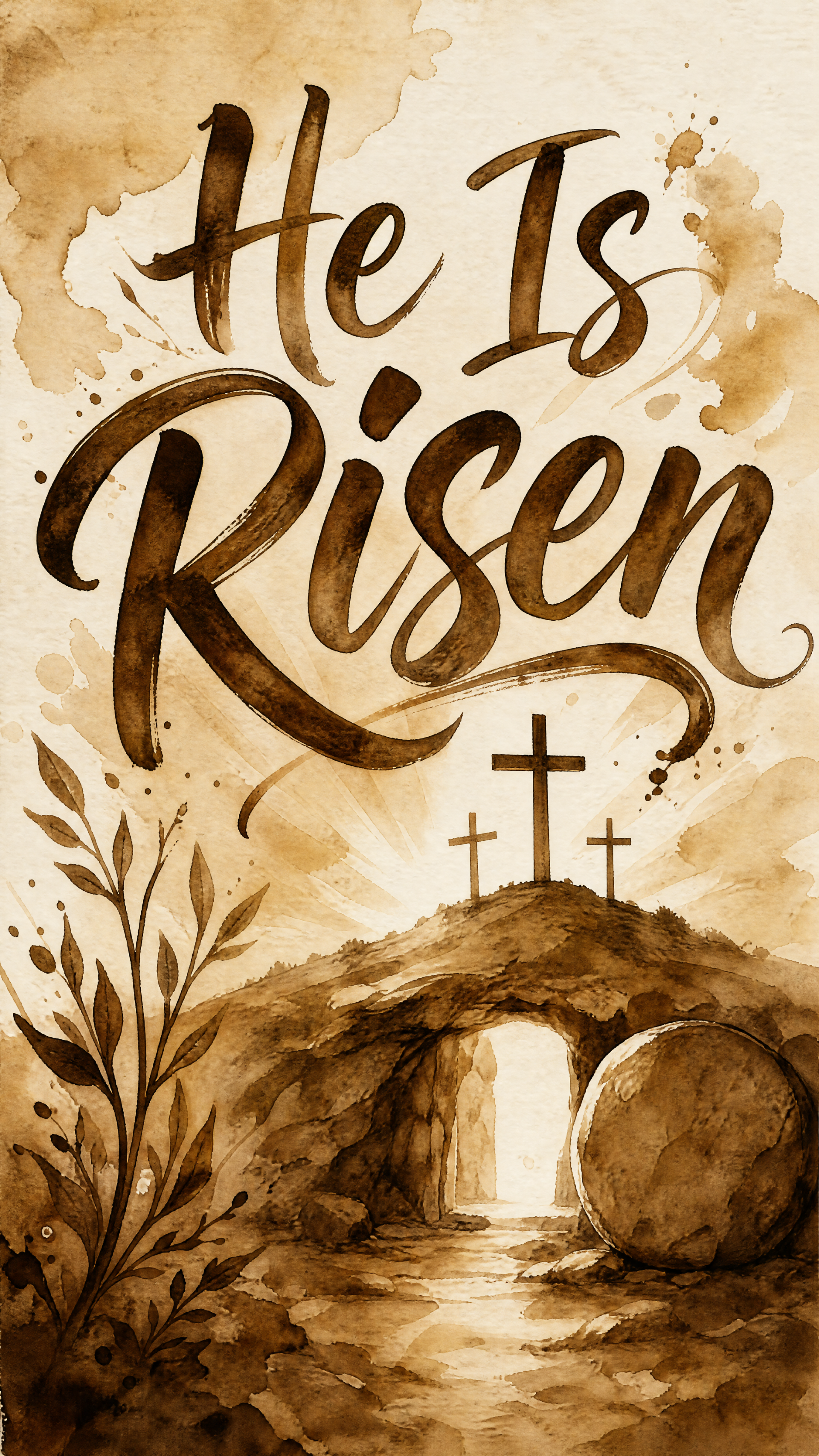 iPhone wallpaper in sepia watercolor reading He Is Risen above an empty tomb with rolled-away stone, light pouring out and three crosses on a hill, framed by gentle foliage.