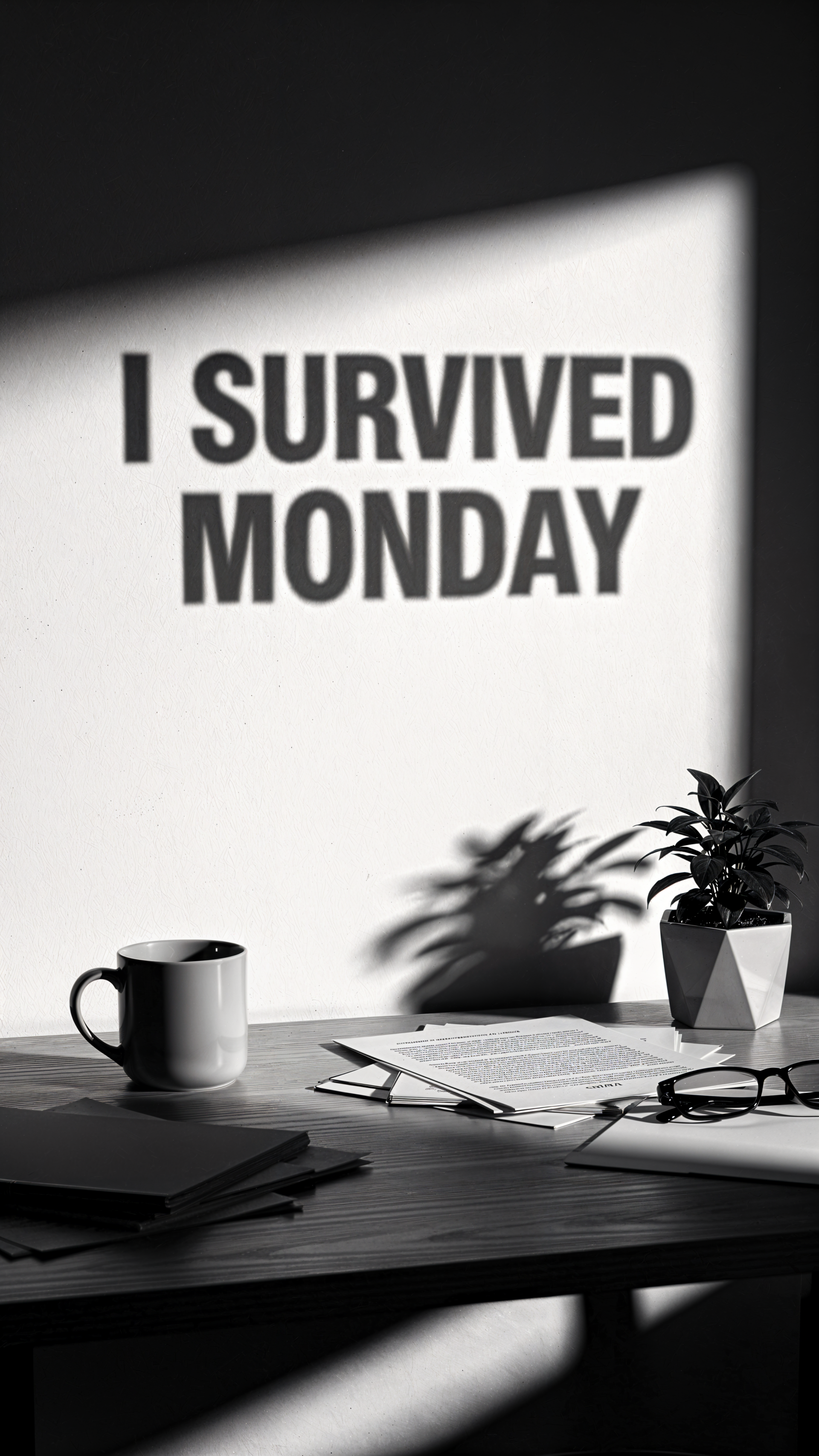 Monochrome iPhone wallpaper reading I SURVIVED MONDAY projected on a wall above a desk with a coffee mug, papers, glasses and a potted plant.