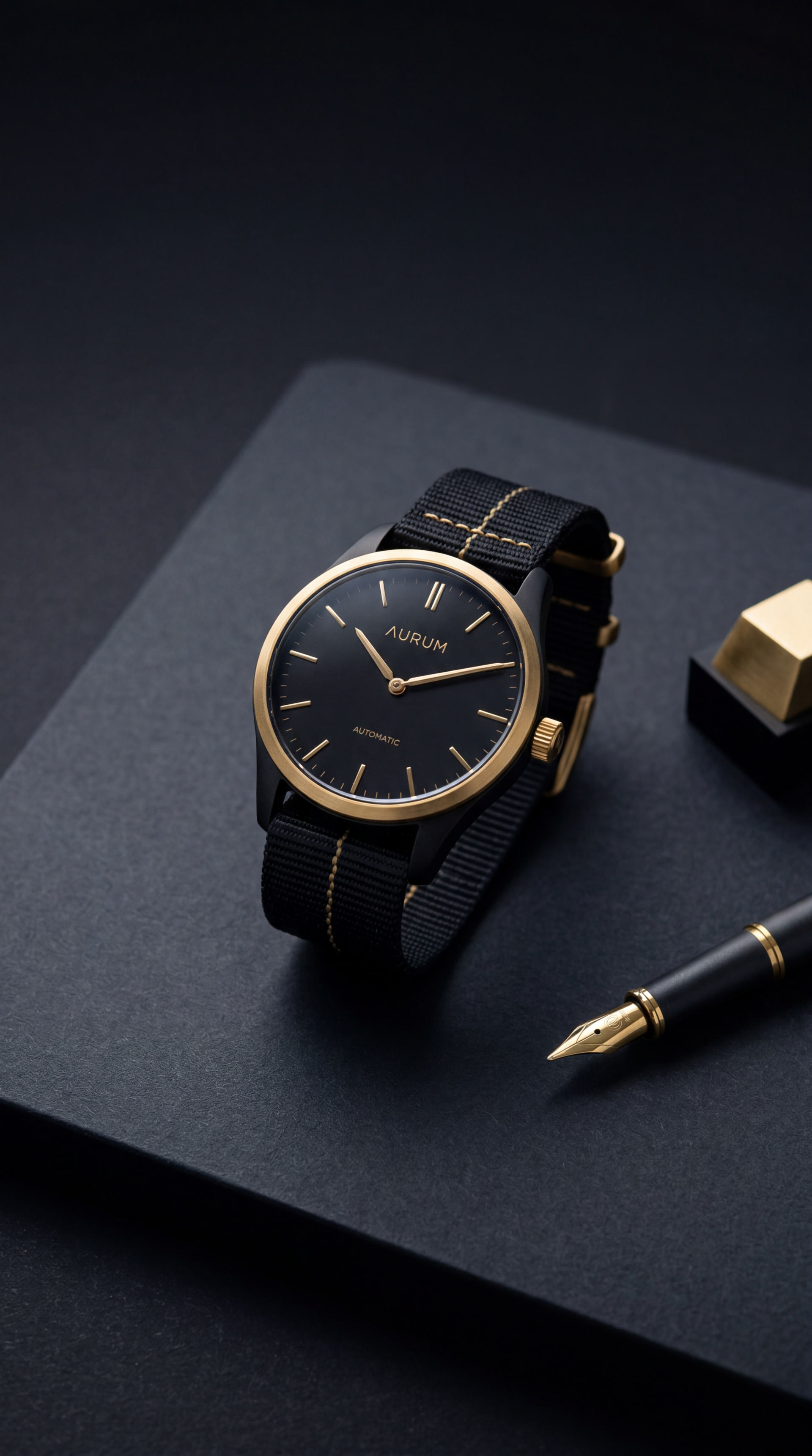 Clean iPhone wallpaper: minimalist flat-lay of a black-and-gold wristwatch, fountain pen, and gold accent on a dark textured surface.