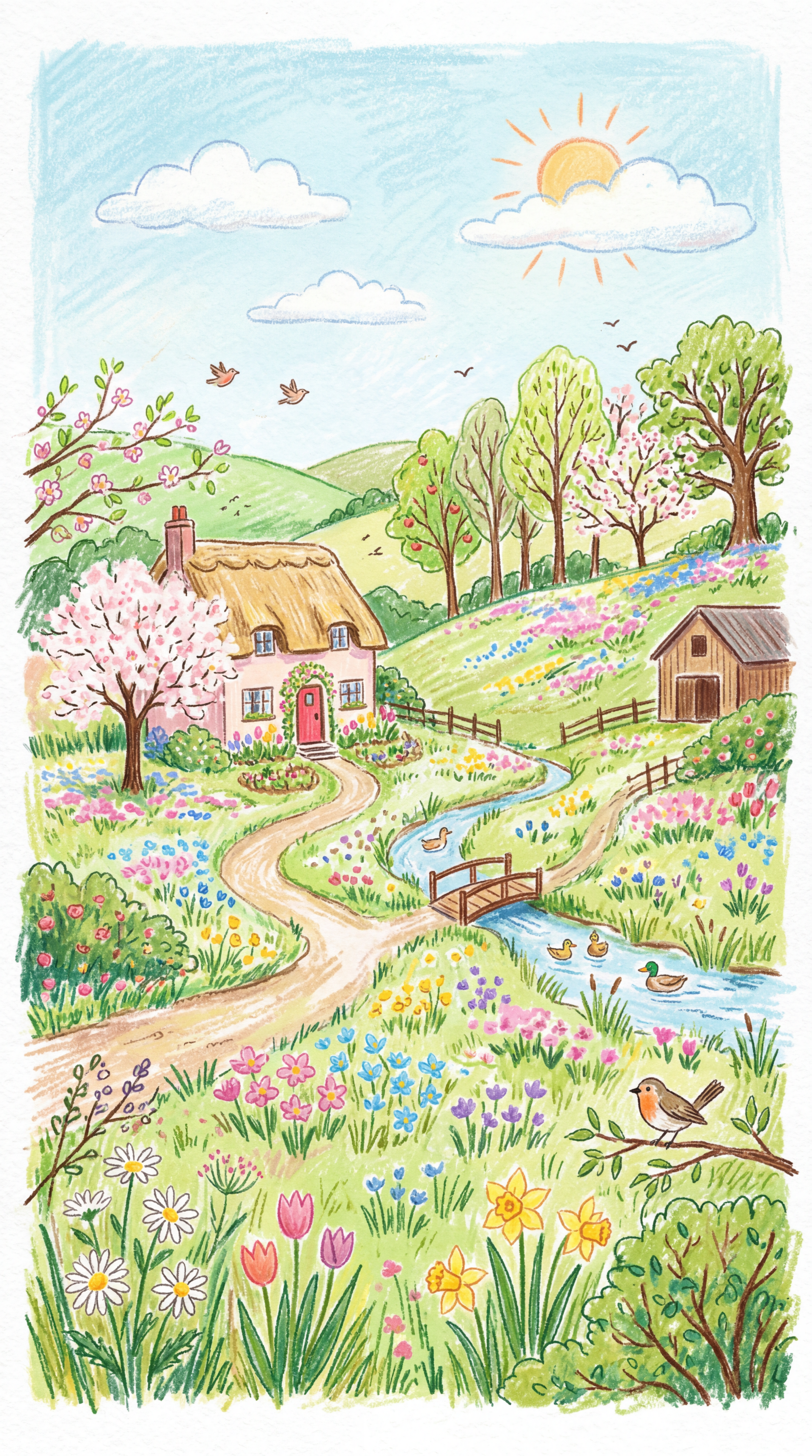 Pastel spring iPhone wallpaper: whimsical countryside with thatched cottage, winding path, blooming meadow, stream and bridge, birds and ducks beneath a sunny sky.